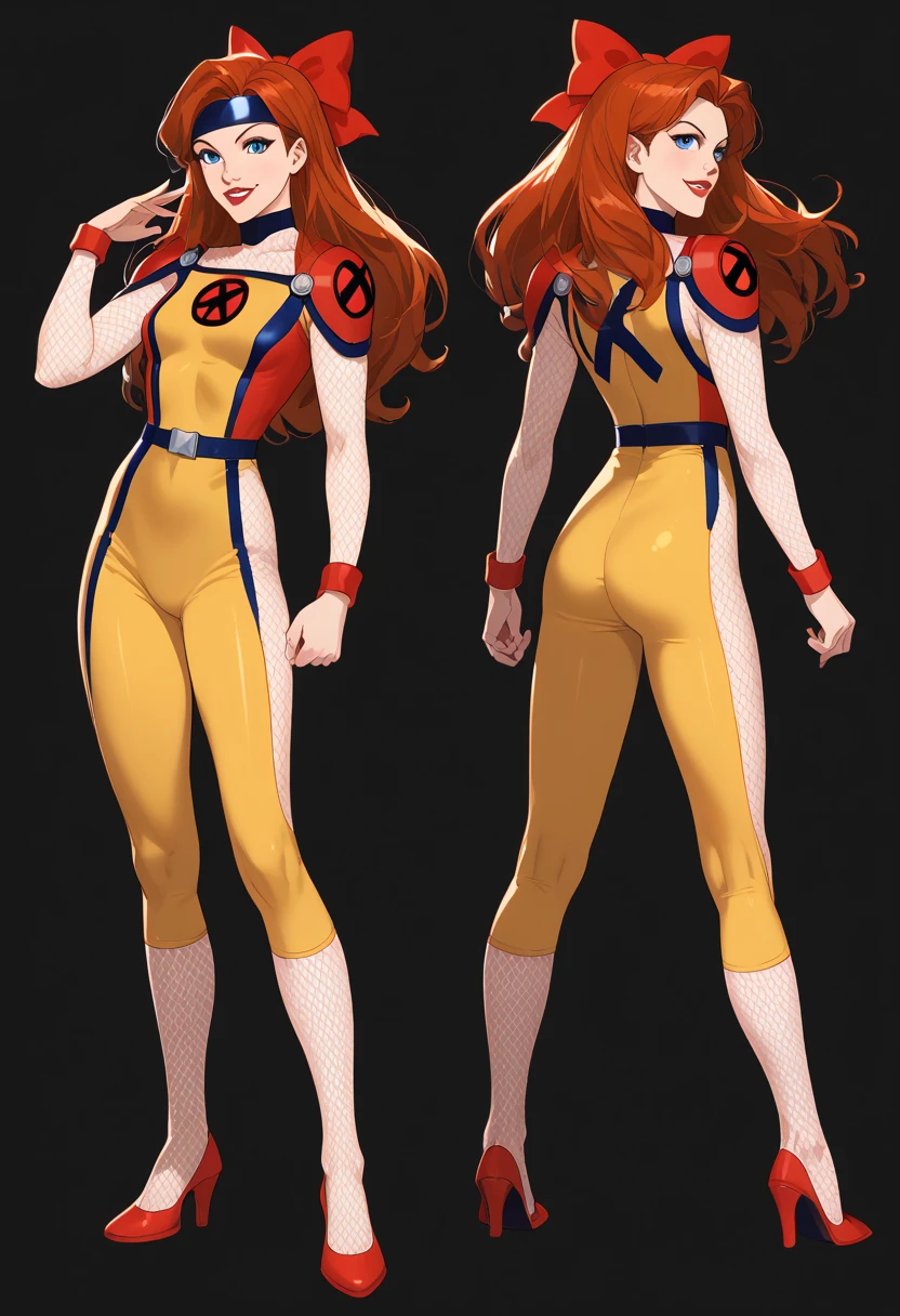 ((full body shot)) Rogue - Marvel , ((character design sheet)), masterpiece, best quality, highly detailed, score_9, score_8_up, score_7_up, score_6_up, anime font,BREAK , 2girl, long hair, blue eyes, flower, hair bow, small breasts, bow, looking at viewer, freckles, parted lips, smile, full body, red lips, lips, side front, she looks at you, your gauze hurts, fishnets, white background, neutral cast, dance pose, shoulder pads

