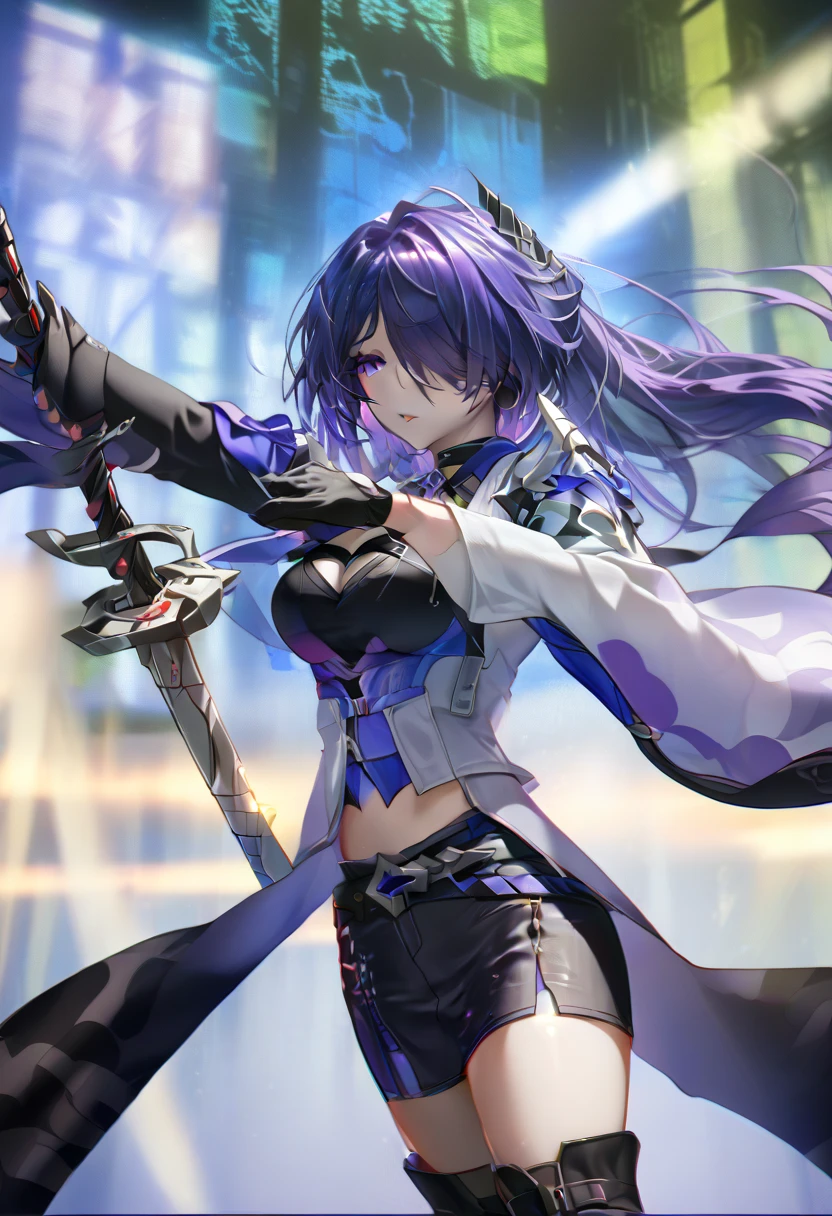 ,(score_9, score_8_up, score_7_up, score_6_up, score_5_up, score_4_up, just describe what you want, tag1, tag2),Hold the sword with both hands,Huangquan, def clothe, 1girl, long hair, purple eyes, purple hair, hair over one eye, thighhighs, breasts, boots, black gloves, blacks horts, cleavage, ( left single sleeve), long sleeve,( dynamic pose),( Holding a long, two-handed sword in both hands),(looking away),( expressionless), Anime style, detailed, screen cap, very detailed, (detailed hair, eyes, and eyelashes:1.2), 1girl, Alone,25 years old,long hair, purple hair, purple eyes, hair over one eye,