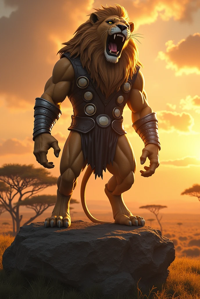 scar_(the_lion_king),lion,male,aldult,alone,4K,HD quality,best quality,full-body shot,slim body,looking at the audience,Show muscles,hairy body,Upper body exposed,bared  chest, Hairy chest, (muscular, Athletic body:1.0), Pink nipples, Six-pack abs, biceps, 弯曲biceps, anatomically correct,Delicate fur,pride,soft shadow,brown loincloth,majestic (Detailed face, Detailed eyes:1.1),Green eyes,Sharp eyes,Grandiose,Valiantary,,Smile confidently,Strong,mature,simple sky background,