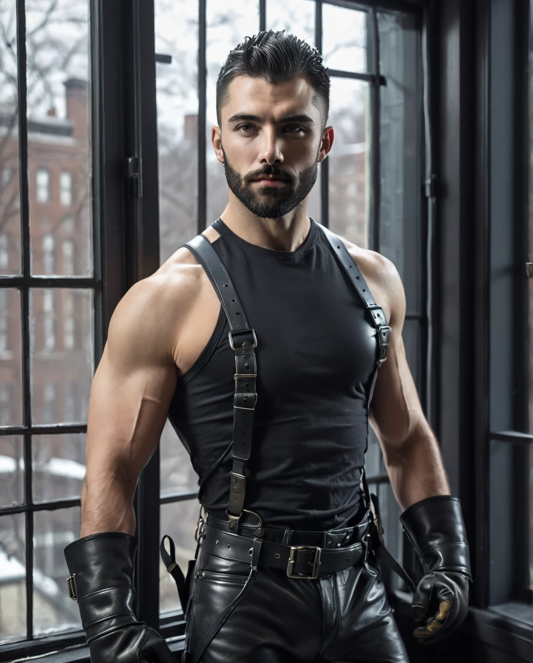 score_9, score_8_up, score_7_up, photo realistic
portrait of rugged man, brown hair, thick moustache, intense expression, wearing a black leather vest, muscular build, shoulder harness, dramatic lighting, gritty and tough