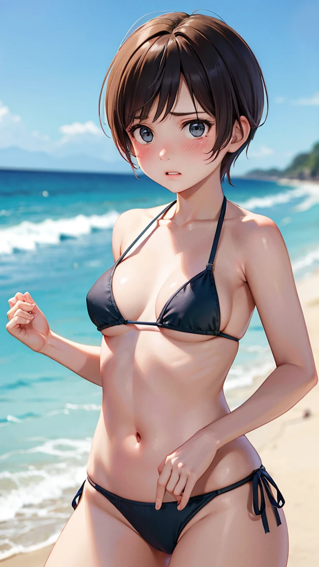 (Realistic Young Gravure Idol), (Young Sensual Gravure Idol), Beautiful Japanese Girl Face, A young and cute gravure idol, ((brown lob hair:1.1)), (bob cut),(swept bangs),(Fit body:1.2), ((Highest quality, 8k, masterpiece:1.3)), Ultra Fine Lips, (cute eyes, pupil black, iris skyblue, youthful face), (standard weight), (small breasts), (glistening skin:1.1),(pale skin:1.2),(micro bikini),((seaside)),((Nymphet fashion:1.3)),((summer scene:1.2)).