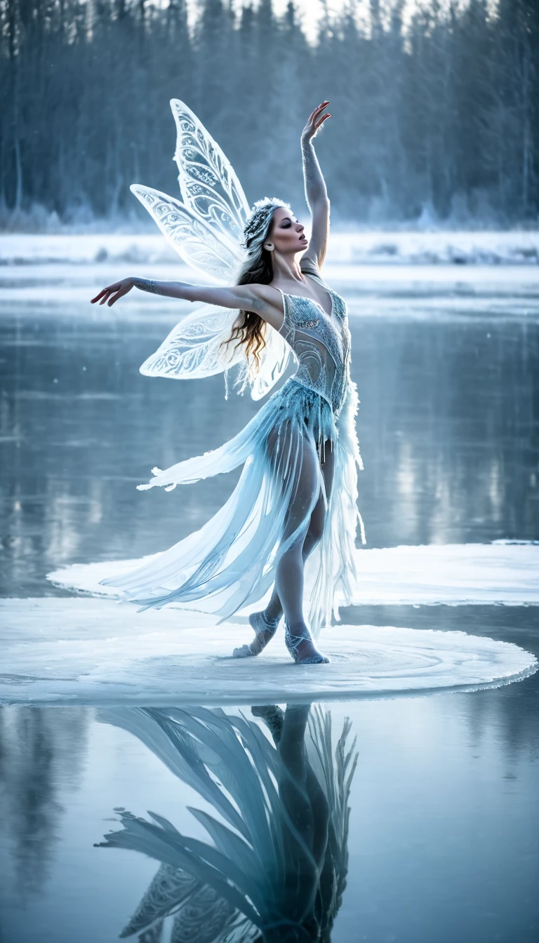 ice fairy, ice nymph, ice goddess, dancing, frozen lake, beauiful goddess dancing, motion
