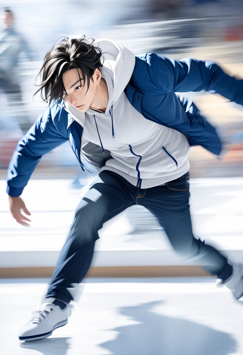  handsome young man with dark hair"Asuka" , breakdancing on ice ･Handstand Fast Spin (( motion blur :4.5 ,  double exposure :1.2 , Afterimage effect:2.5 ,  Blurred Background)) , serious face ,  wearing a white hoodie and blue jacket in jeans , 