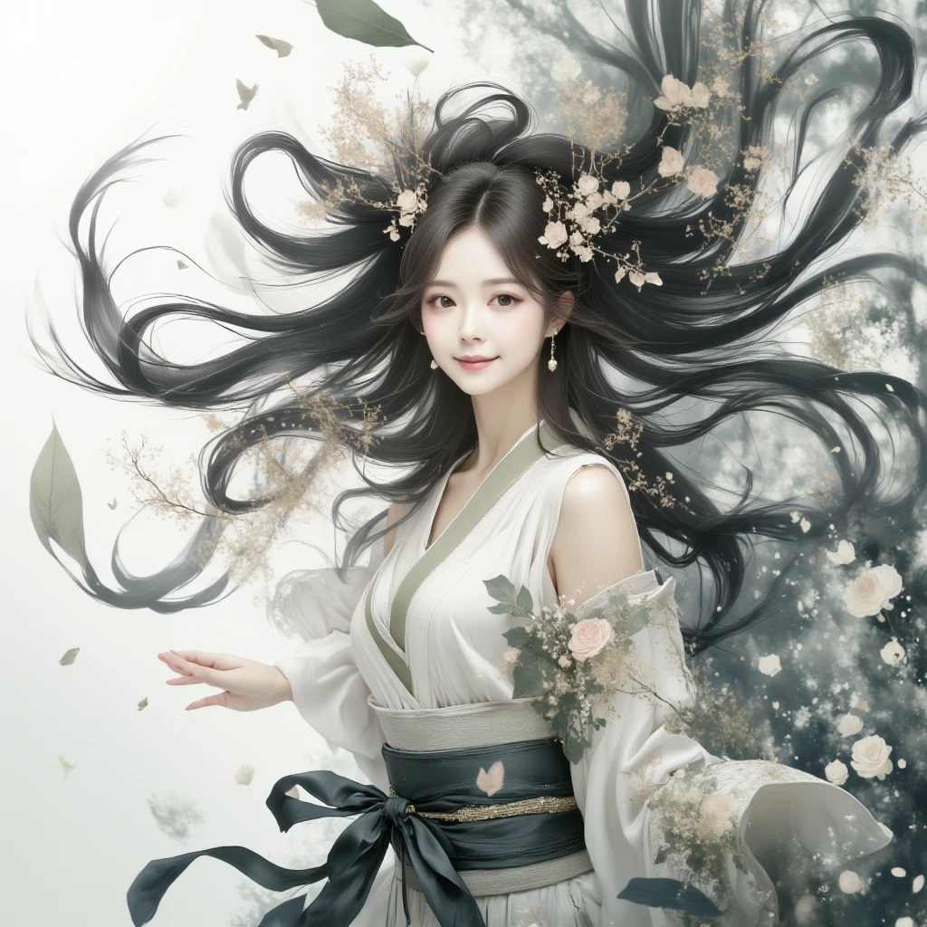 Fantasy style illustration , The asian woman in Fluid Fragments, morphing seamlessly between an array of abstract white and black compositions, each transformation transcending traditional definition and expectation.She is wearing Yukata coloured black and White.It felt as if half of her body dissolved into the wind, drifting away into the air.

surreal, (best quality, masterpiece, photorealistic), very aesthetic, perfect composition, intricate details, ultra-detailed, vivid colors, a motion blur in a dramatic moment.