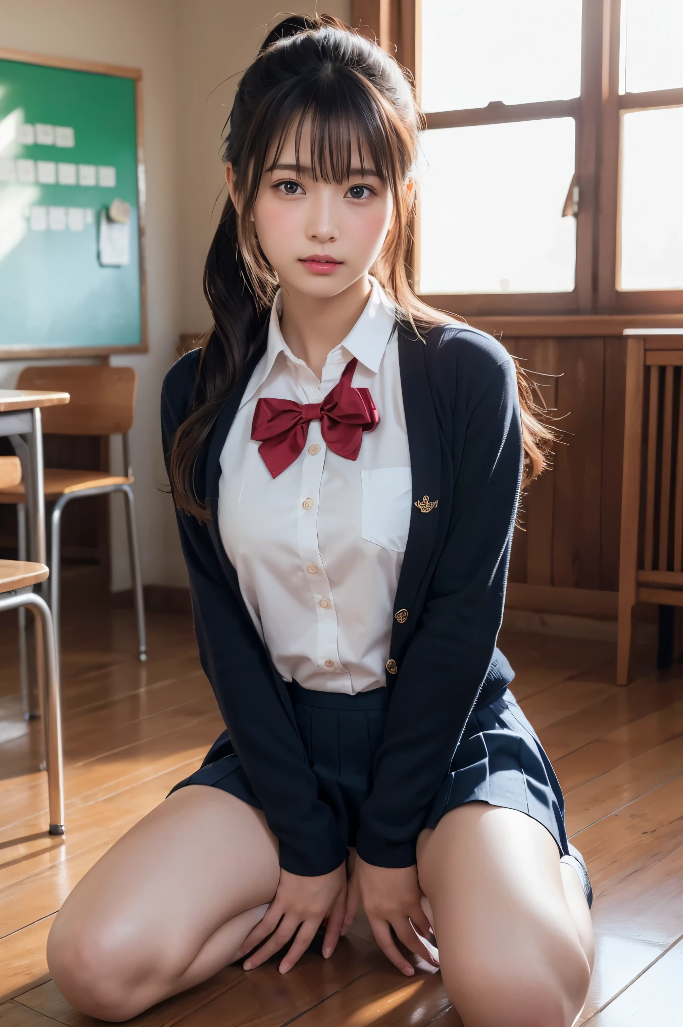 beautiful detailed eyes, beautiful detailed lips, extremely detailed face and hair, High ponytail, long eyelashes, soft light, warm lighting, perfect face, porcelain skin, golden hour lighting, (best quality,4k,8k,highres,masterpiece:1.2),ultra-detailed,(realistic,photorealistic,photo-realistic:1.37),classroom, wooden floor,( lying, on back:1.2),arms up, kneehighs, red bow, school uniform, (embarrassed,blush:1.3),cowboy shot,crawling position