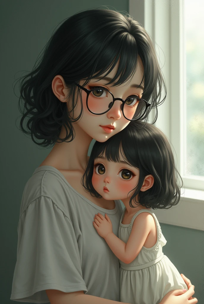 The eldest daughter is 12 years old and the younger daughter is 10 years old and wears glasses