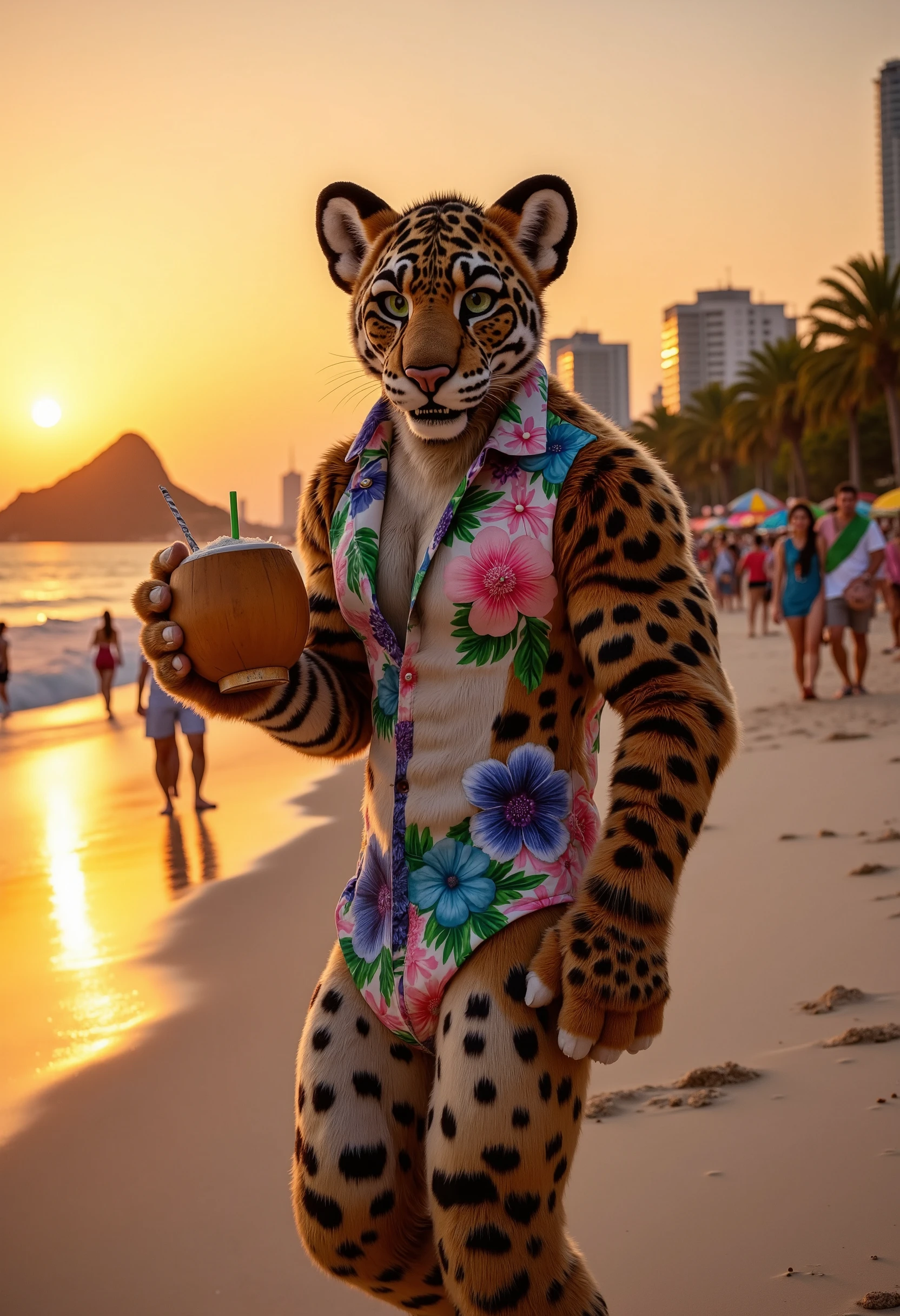 "Anthropomorphic jaguar male, muscular and adult, with golden spotted fur and intense, confident eyes. He’s wearing a tight, tropical shirt with vibrant colors and floral patterns, paired with loose shorts and flip-flops. He’s walking along the beach of Copacabana, holding a coconut drink with a relaxed, carefree smile.  

Background: The sun is setting, casting an orange glow over the famous Copacabana beach. People are enjoying the sand, and the iconic sugarloaf mountain can be seen in the distance. The atmosphere is lively, filled with music and energy, representing the Brazilian party vibe.  

Style: hyperrealistic 3D, cinematic realism, ultra-detailed, rendered in Ultra HD 8K. The jaguar’s fur shines in the sunlight, and the tropical beach background is alive with vibrant colors and dynamic movement."