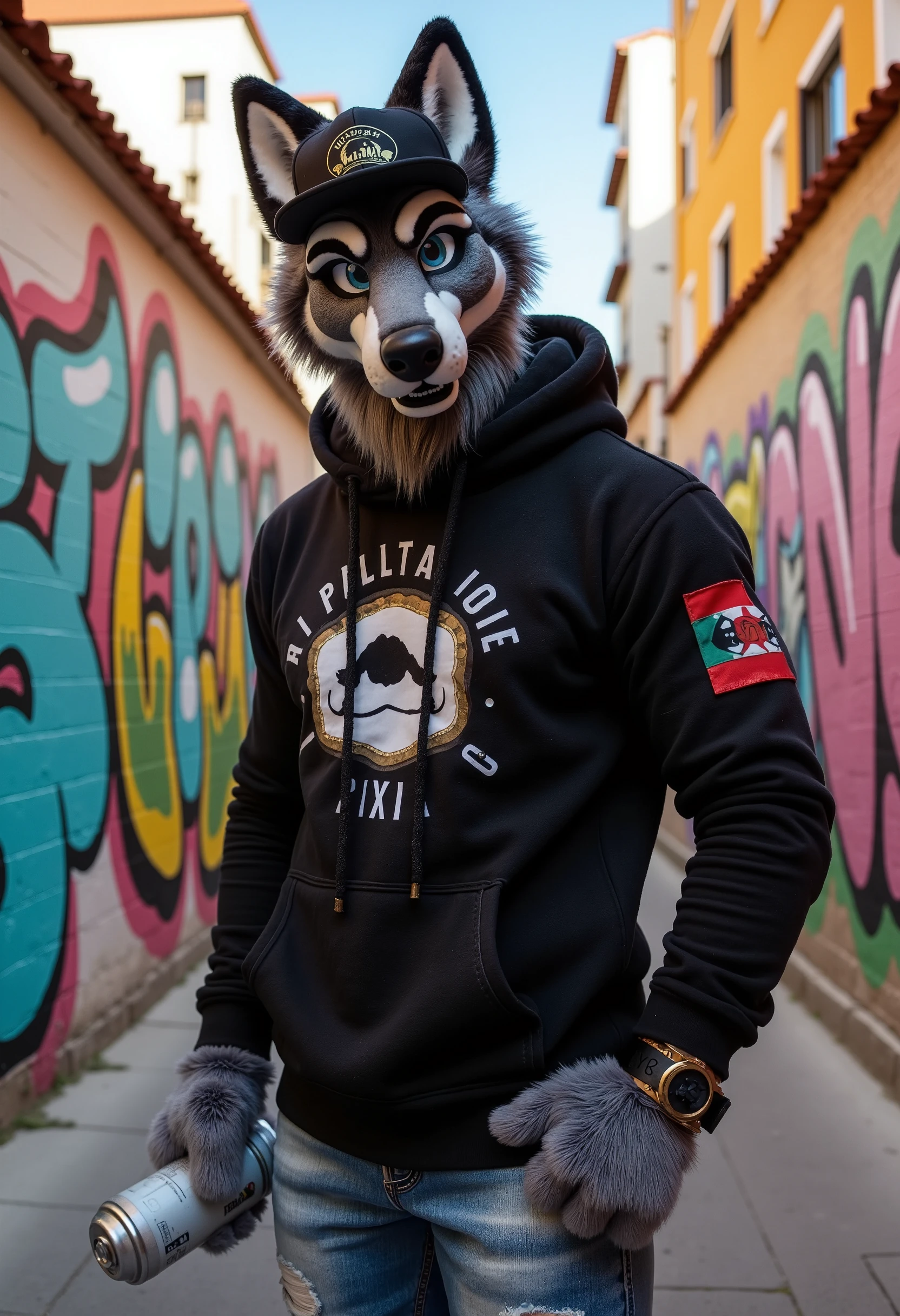 "Anthropomorphic wolf male, muscular and adult, with dark grey fur and piercing blue eyes. He’s dressed in a stylish urban outfit: a black hoodie with a graffiti-style logo, ripped skinny jeans, and a snapback cap. He stands confidently in front of a colorful street mural, one hand resting on his hip, the other holding a spray can.  

Background: The scene takes place in a São Paulo alley, where large street art murals cover the walls. The vibe is urban, artistic, and rebellious, reflecting the youthful spirit of the city. The sky is clear, and there's an aura of creativity in the air.  

Style: hyperrealistic 3D, cinematic realism, ultra-detailed, rendered in Ultra HD 8K. The wolf’s fur and the spray paint glisten, and the dynamic background is filled with bold, vibrant colors and intricate details."