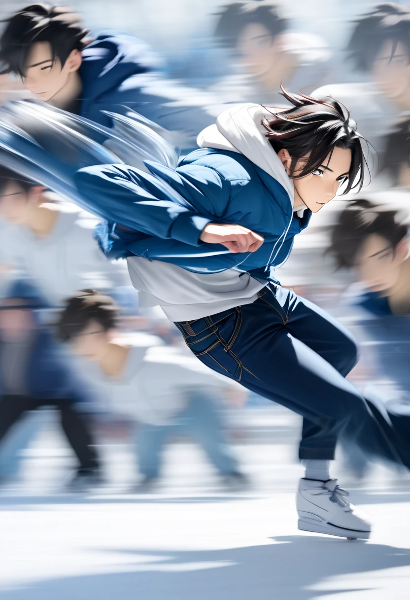  handsome young man with dark hair"Asuka" , breakdancing on ice ･Handstand Fast Spin (( motion blur :4.5 ,  double exposure :1.2 , Afterimage effect:2.5 ,  Blurred Background)) , serious face ,  wearing a white hoodie and blue jacket in jeans , 