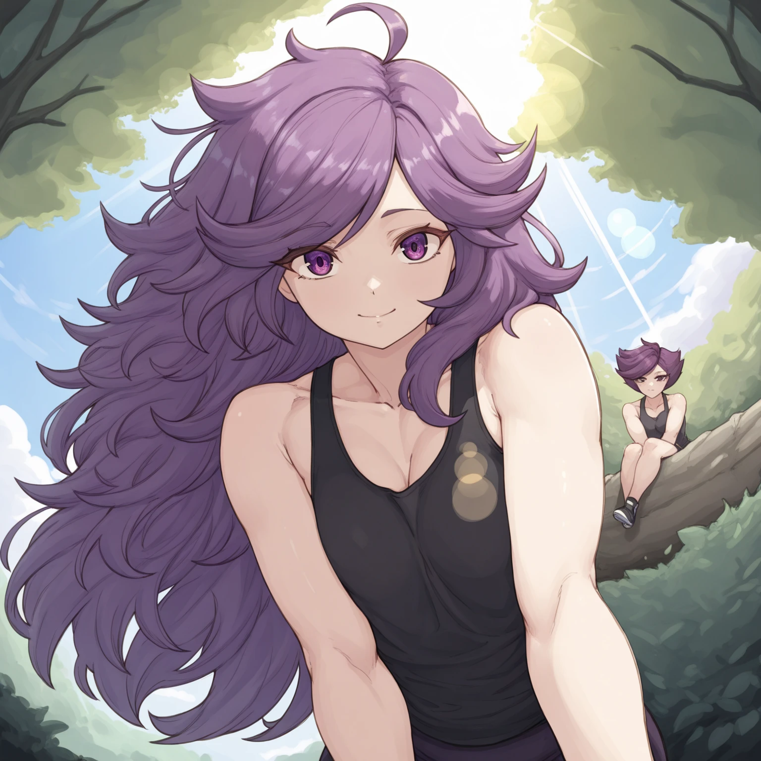 masterpiece, best quality, newest, absurdres, highres, 1girl, purple eyes,purple  hair, long hair, messy hair but not exaggerated, swept bangs, ahoge, black tank top, outdoors, day, summer, lens flare, sunbeam,park,fazendo beicinho,brava,irritadaDentes cerrados, Zangado, Fazer beicinho, Faísca, Testa franzida, 