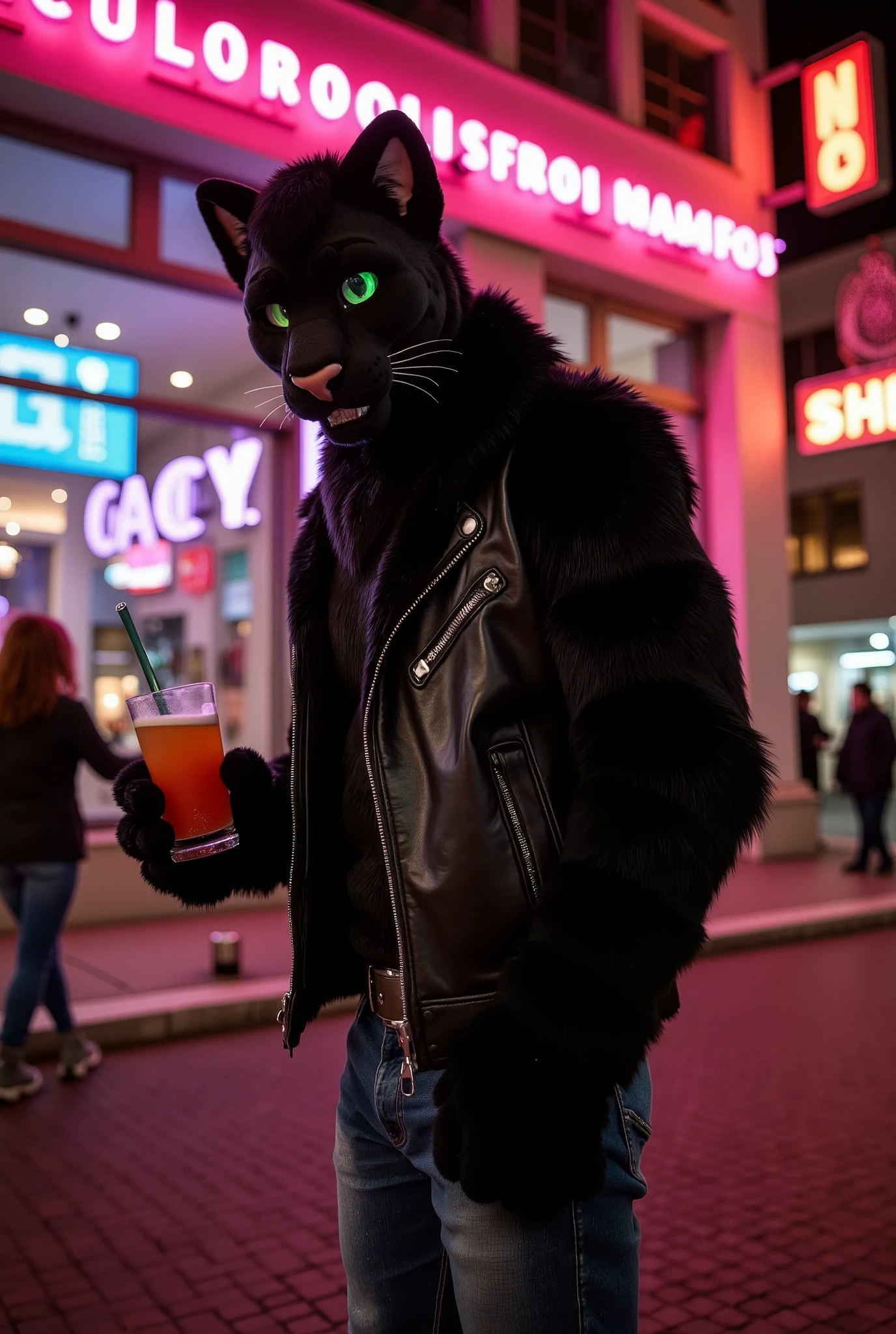 "Anthropomorphic panther male, muscular and adult, with glossy black fur and glowing green eyes. He’s dressed in a leather jacket, tight jeans, and boots, standing confidently outside a popular São Paulo nightclub. He holds a drink in his hand and looks towards the camera with a seductive smirk.  

Background: The bustling nightlife of São Paulo is on display, with neon lights flashing and people enjoying the night. The city’s vibrant energy is evident in the crowd, and the sleek, modern architecture of the club provides a perfect contrast to the panther's intense, mysterious vibe.  

Style: hyperrealistic 3D, cinematic realism, ultra-detailed, rendered in Ultra HD 8K. The panther’s fur gleams under the nightclub lights, and the bright neon glow from the club adds a dynamic energy to the scene."