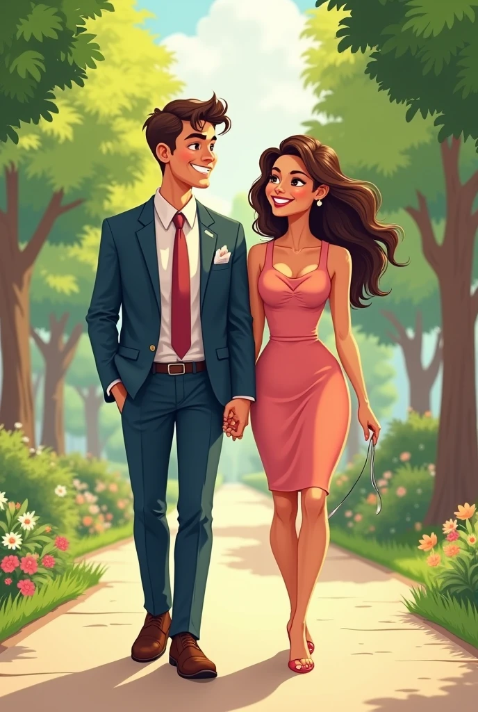 I need a drawing of a couple in cocktail attire, but not too formal., for dress code reference. The drawing should be minimalist and Disney style. The color palette can be pink and purple