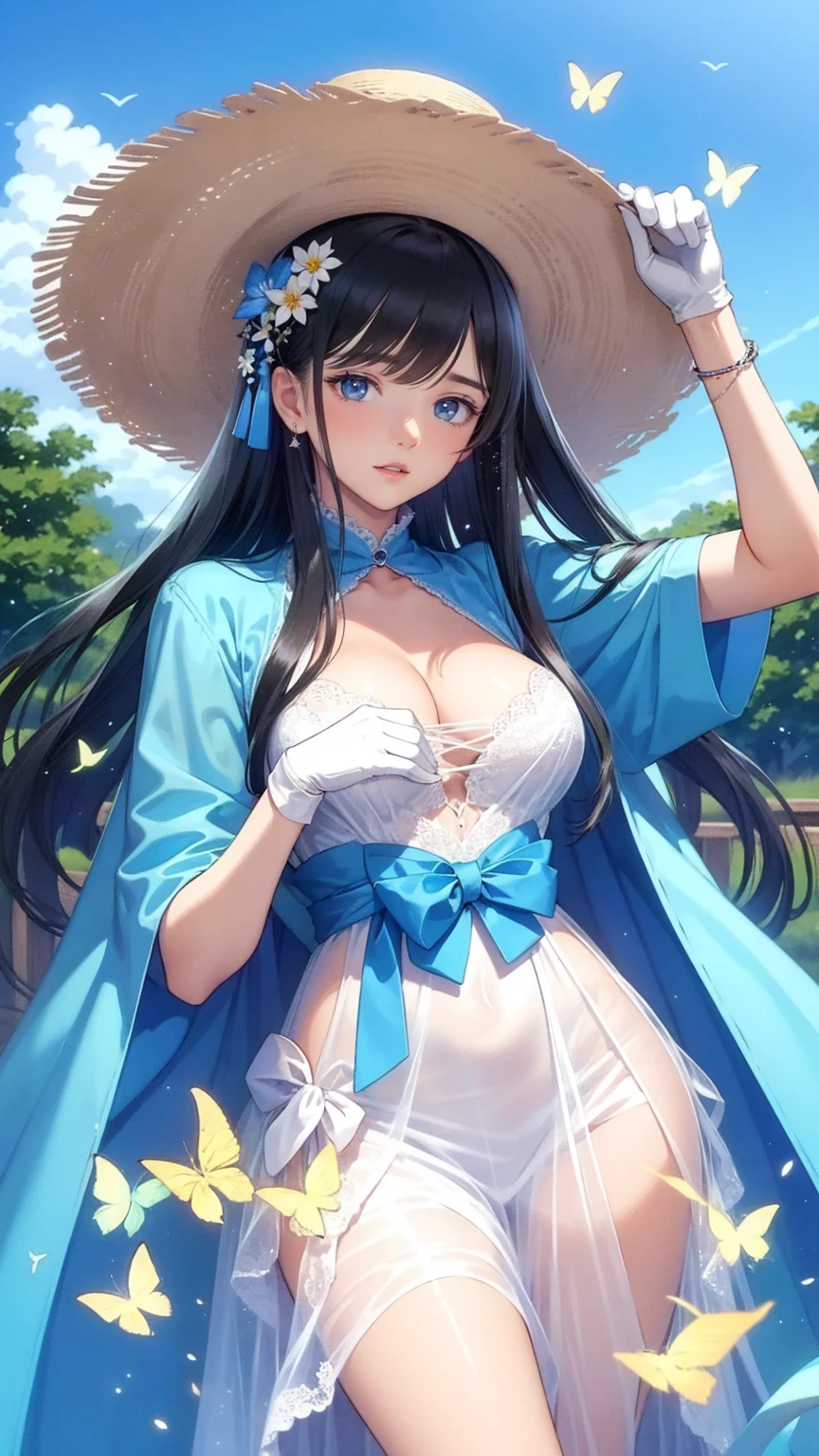 (   top quality,  high image quality, 8k, masterpiece), Single woman tending her garden ,   cute face,    Long Black Hair ,  middle of chest,   beautiful manicured face   ,   Dominant Smile  ,  Look at me and smile ,   Straw Hat ,   white gloves, Old-fashioned garden   ,   colorful flowers blooming,   bright color , Large Tree,  Yellow butterfly , White butterfly,   blue sky, blue bird ,   detailed illustration art  , 