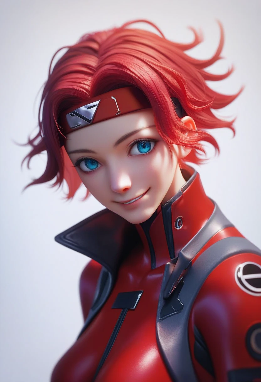 masterpiece, best quality, very aesthetic, absurdres, 1girl, kouzuki kallen, red hair, short hair, blue eyes, flipped hair, headband, bodysuit, pilot suit, red bodysuit, upper body, smile, solo, looking at viewer, simple background, white background, 