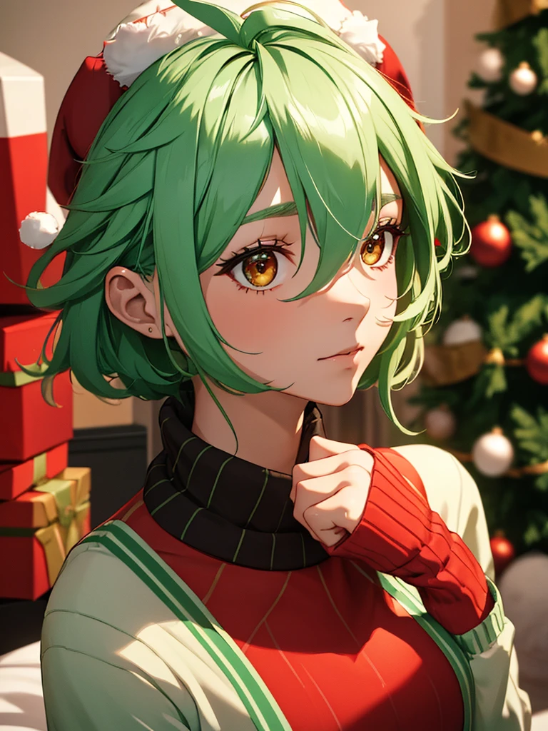 1girl, wearing a sexy Christmas jumper with a red Christmas hat, near a indoor Christmas tree, Christmas winter season, Light green colour short hair, "Sucrose's" hair style, 8k, high detailed, high quality, high accuracy