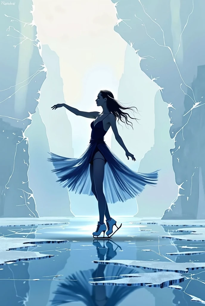 masterpiece, two-color style, only use two-color abstract painting in (Silver) and (cool icy blue), Alone, elegant silhouette of a woman ice skater, ice skates cracking the surface, light reflecting on broken ice, clean composition, ,from below negative space, Minimalism , high definition, graceful pose on ice, mystical atmosphere