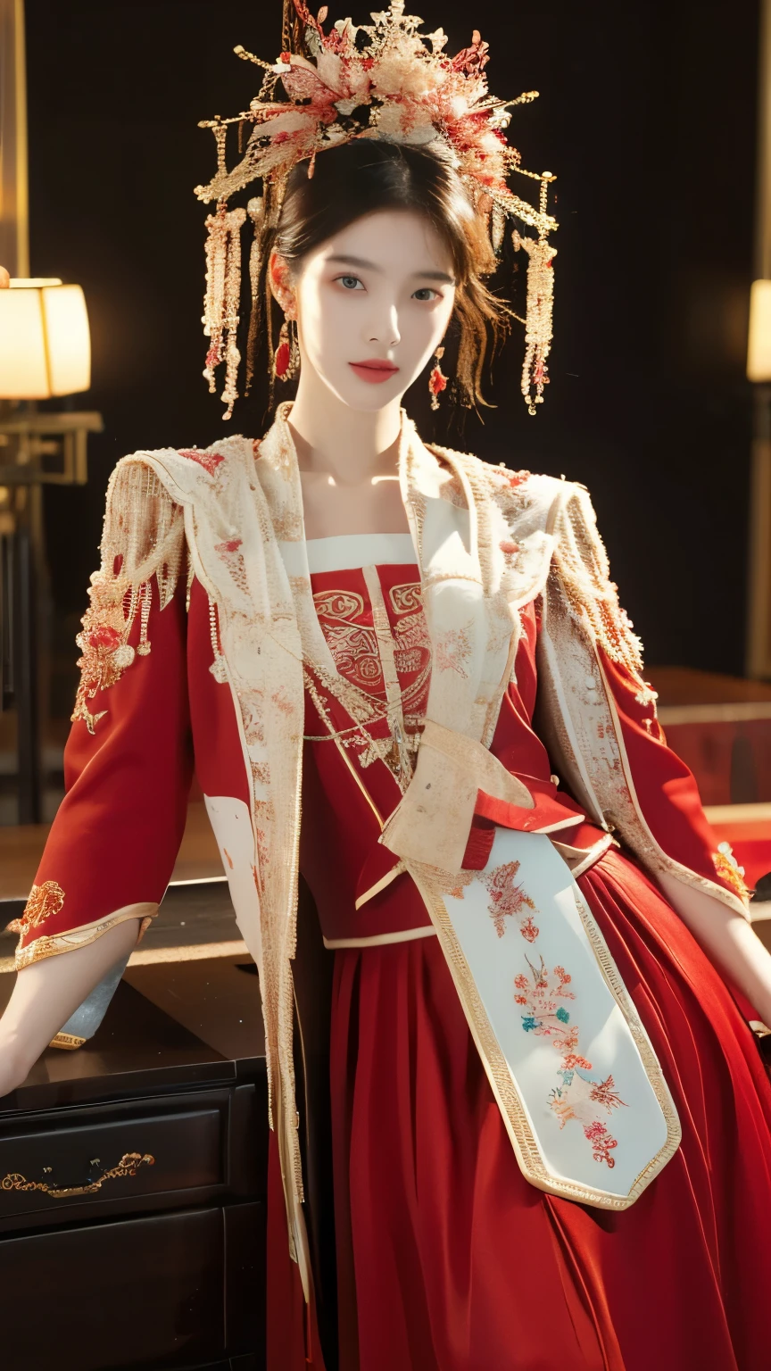 (Ultra-realistic 8K CG:1.2),(Unbeatable masterpiece,Best quality at best:1.2),Full body photo,are standing,A woman in a red and gold dress,Phoenix crown,hair stick,Be red in the face,is shy,black_Hair,(forehead dot),Chinese_clothes,耳Nipple Ring,Hair_decorations,Hanfu,inside in room, jewely,rednails,Long_Sleeves,reddress,Redlip,nipple tassels,Long legs