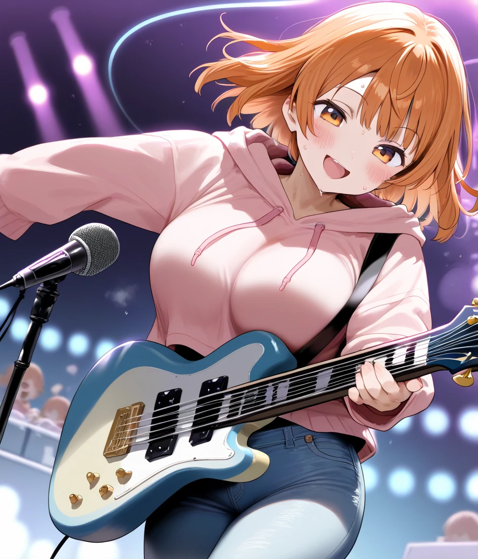 score_9, score_8_up, score_7_up,Japanese girl with medium length orange hair, wearing a pink hoodie, wearing denim jeans,electric_guitar___playing_instrument, not much exposure, jumping, composition showing her whole body, bright smile, open mouth, blushing cheeks and sweat dripping, large breasts, microphone stand in front of her, stage background, live performance, whole body captured from the front, looking directly into the camera,