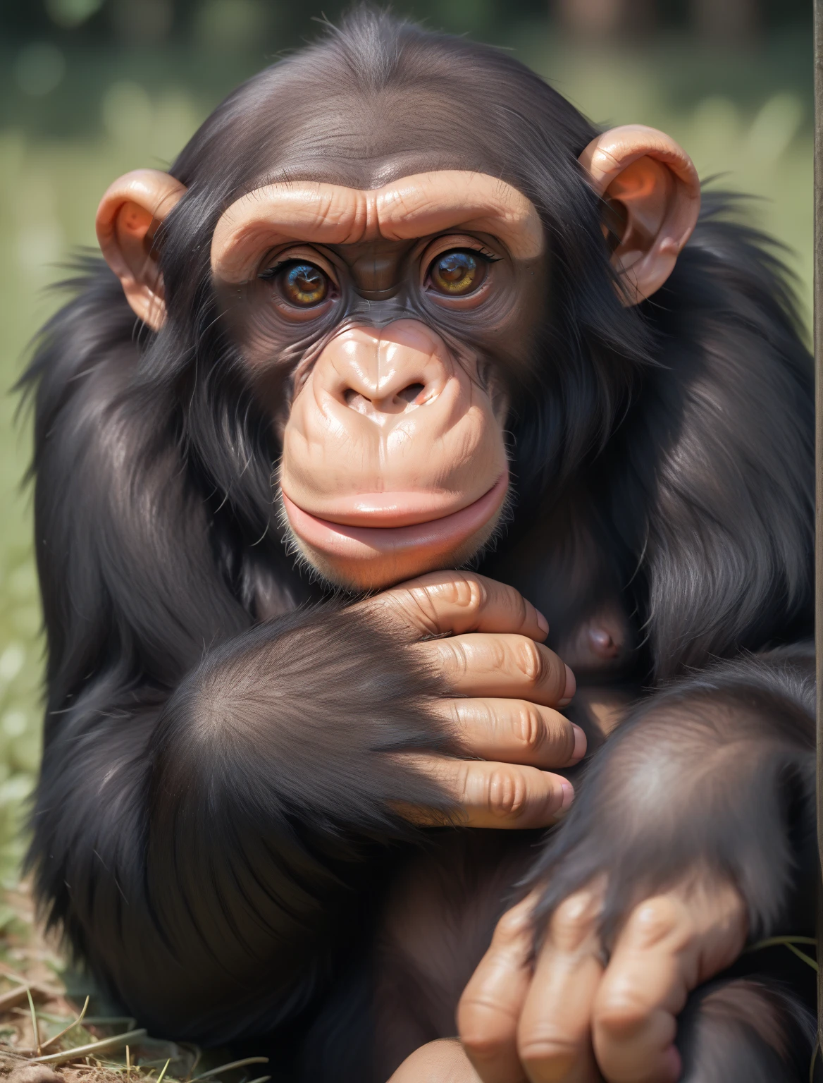 score_9, score_8_up, score_7_up, ((solo)) (((feral, chimpanzee))), (female), looking at viewer, laying on back, best quality, shaded, extreme detail, highly detailed, ultradetailed, intricate, realistic, detailed background, hi res, (Detailed fur), Perfect hands, fur, detailed fur, body fur, tuft, fluffy, hd, photo, 4k, sfw, 