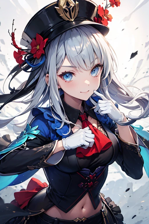  extremely hyper, super detailed, perfect work,(Alone), top quality,( Perfect Anatomy),  smirking , blue eyes, Gray Hair,   streak hair,  gloves,  has , white  gloves, The blue head ,  , black  gloves,  Long Sleeve ,  ascot , gem, brooch,  black headwear , frills,  shorts, 8k,Freena,Four Colors, Genshin Impact,  character  thumbnail,Standing photo,  character ,whole body, anime style illustrations 