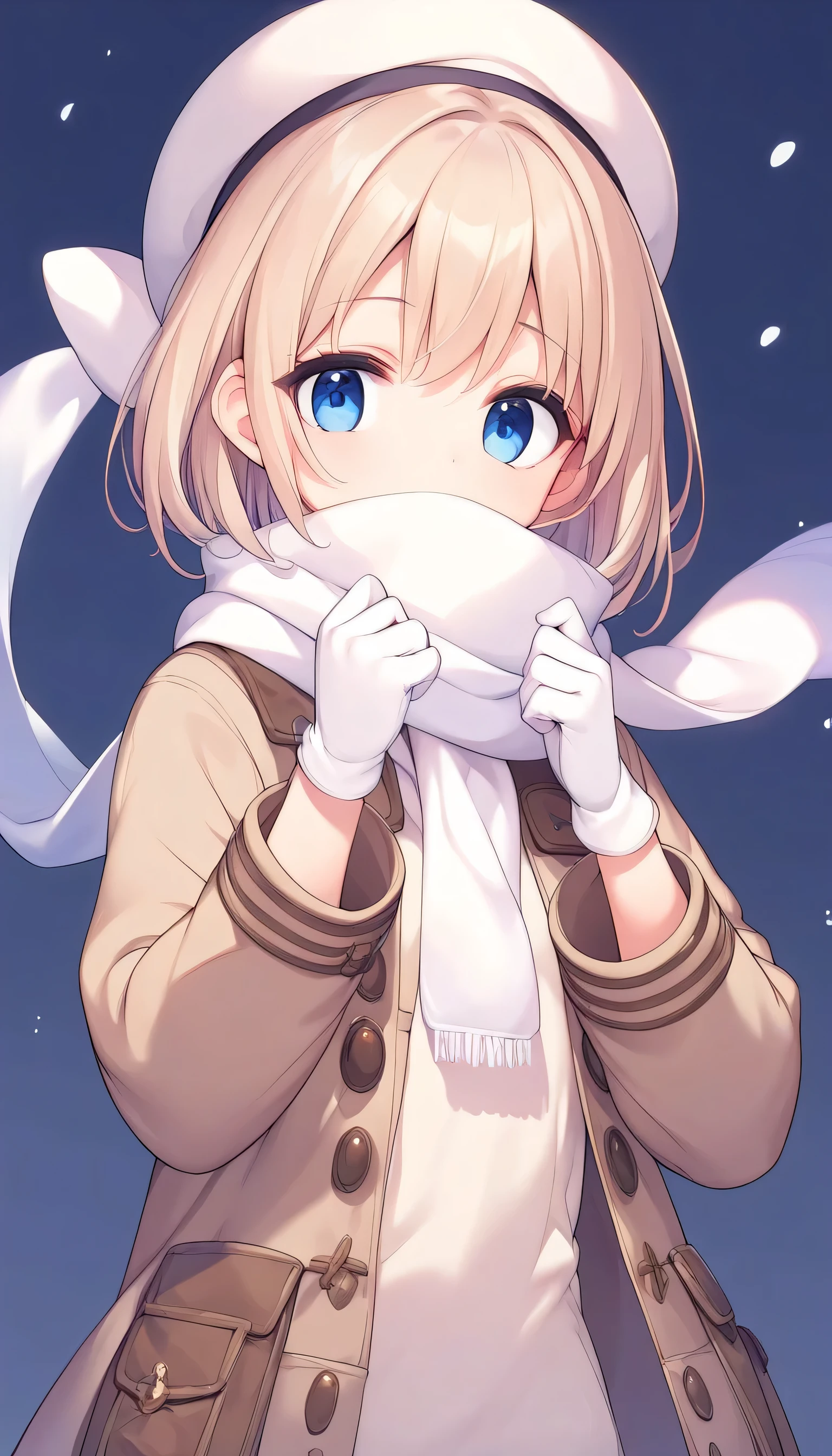 top quality、 high image quality、8k、 1 girl、White short hair、 short、 blue eyes、Wear a white scarf、White Hat、 white gloves、 it's snowing、Night Sky、Cover your mouth with your hand、 brown coat、White fur boots
