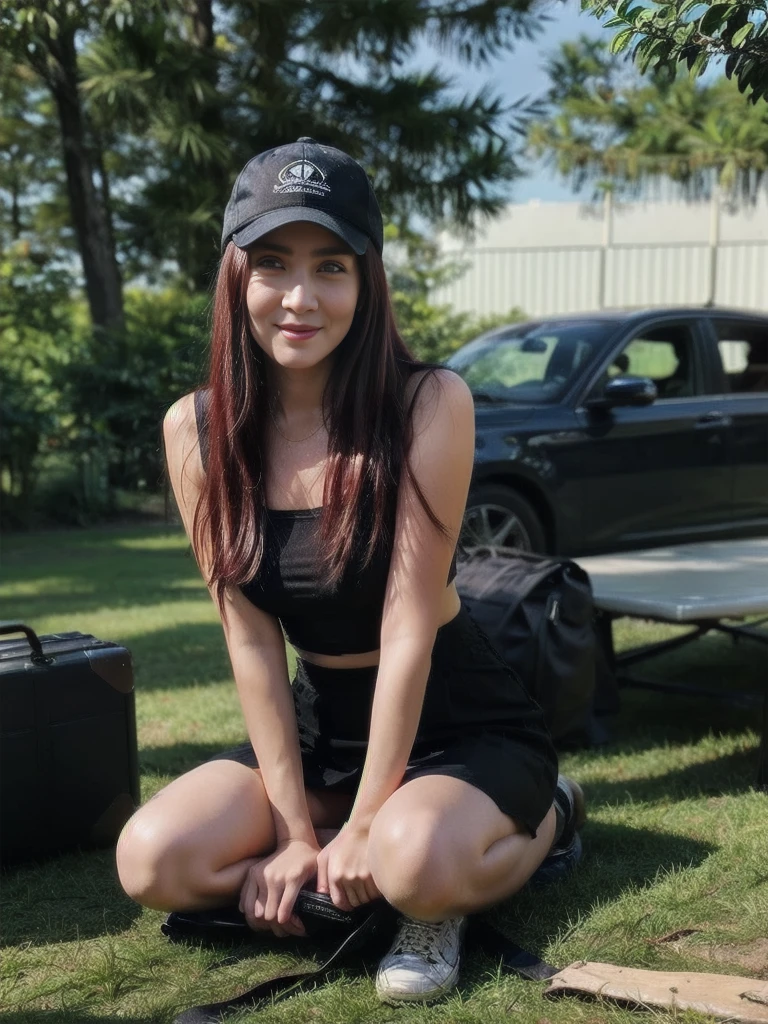 ((((Bbw)))) a woman sitting on the ground with a suitcase, long hair, skirt, hat, outdoors, tree, ground vehicle, baseball cap, motor vehicle, car