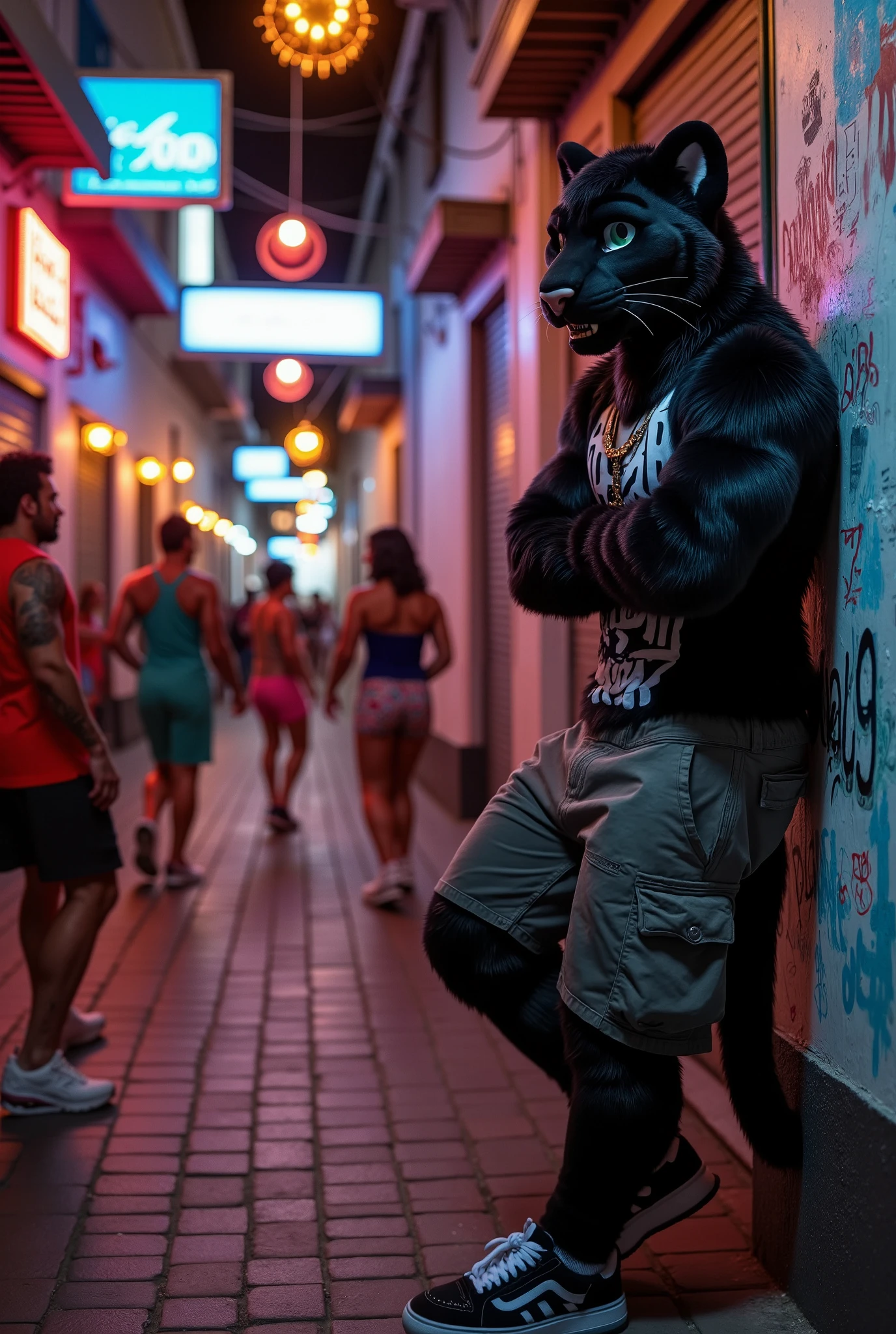 "Anthropomorphic panther male, muscular and adult, with sleek black fur and electric blue eyes. He’s wearing a tight, graffiti-inspired tank top, cargo shorts, and flashy sneakers, with chains and a gold grill on his teeth. The panther is confidently leaning against the wall of a dark alley, as the pulsating beats of baile funk echo through the narrow streets of Rio de Janeiro.  

Background: The scene is set in a hidden, underground party in the heart of a Rio de Janeiro favela. The alley is dimly lit by neon lights and the glow of makeshift speakers. People in vibrant outfits dance to the high-energy rhythms of funk music, their silhouettes lit up by colorful lights. Graffiti covers the walls, and a sense of raw, gritty energy fills the air, with the samba rhythms mixing seamlessly with the funk beats.  

Style: hyperrealistic 3D, cinematic realism, ultra-detailed, rendered in Ultra HD 8K. The panther’s fur gleams under the neon lights, his athletic build and powerful stance drawing attention. The vivid street art and the dynamic movement of the dancers create an electrifying atmosphere, showcasing the bold and rebellious nature of a Rio de Janeiro funk party."