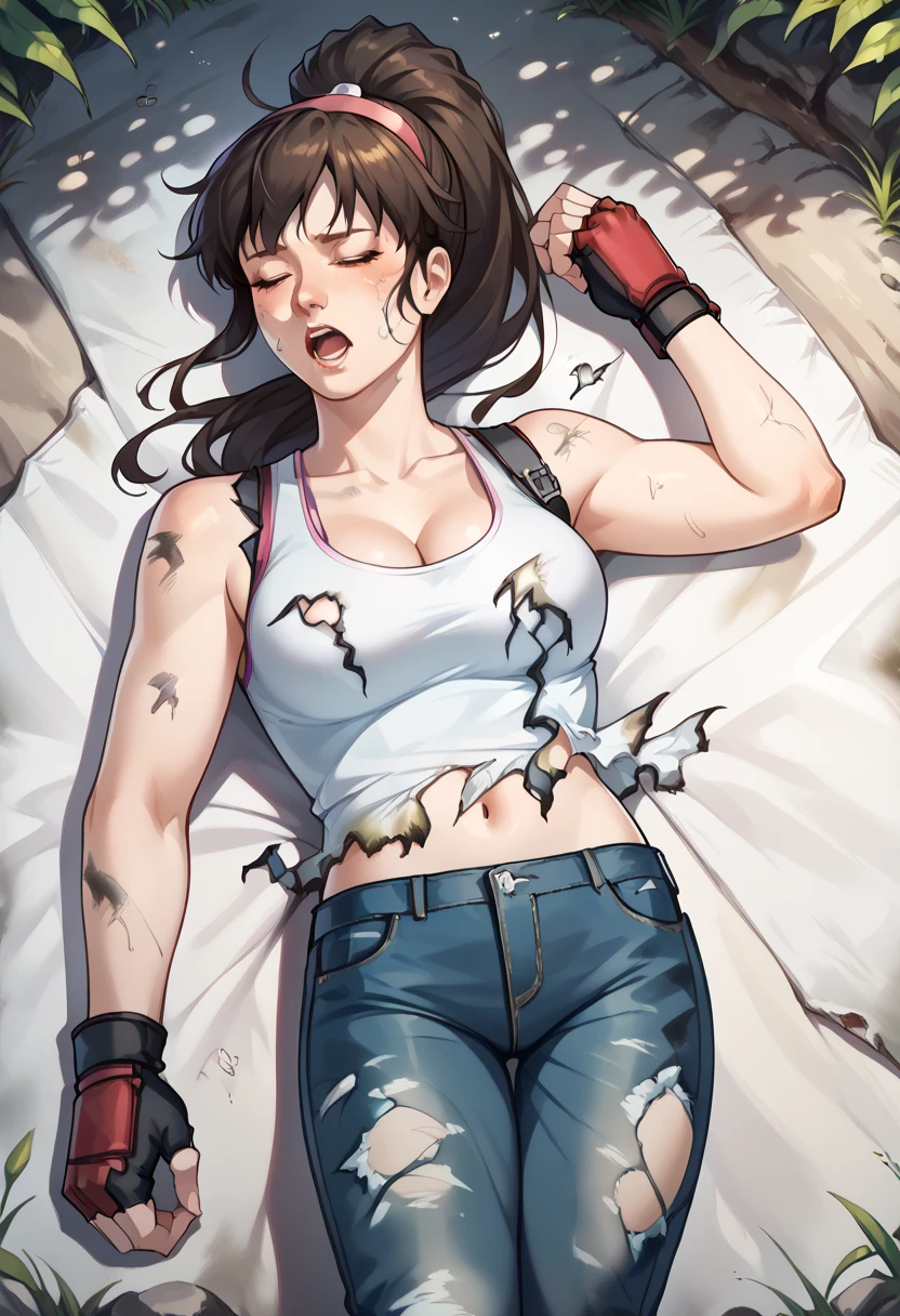 1 girl, HitomiDOA, long dark brown hair in a ponytail, white tanktop, pink hairband, navel, fingerless gloves, jeans, outdoors, laying on the ground, cleavage showing,  (((eyes closed))), mouth slightly open, screaming, ((exhausted)), tired, torn shirt, ripped jeans, ((torn clothes)), sweaty, dirty, in pain, arms at her side, lots of rips in her shirt, skin showing through her clothes, view is from above looking down