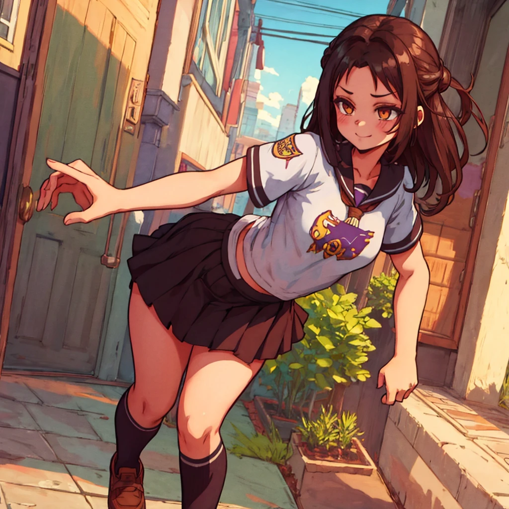 cute girl, dark hair,  golden eyes,  interesting school clothes, short skirt,  happy morning shirt , funny print  