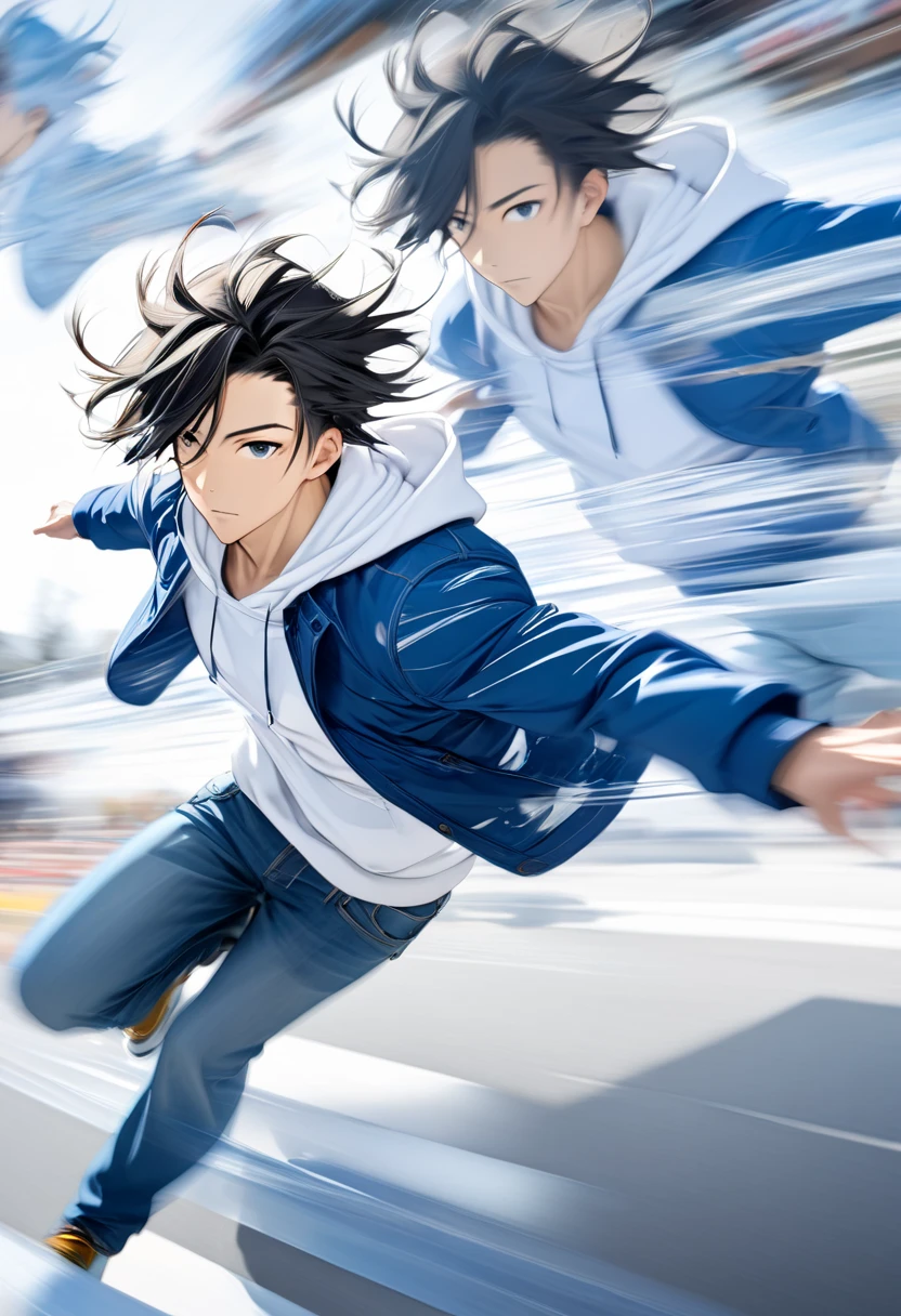  handsome young man with dark hair"Asuka" , breakdancing on ice ･Handstand Fast Spin (( motion blur :4.5 ,  double exposure :1.2 , Afterimage effect:2.5 ,  Blurred Background)) , serious face ,  wearing a white hoodie and blue jacket in jeans , 