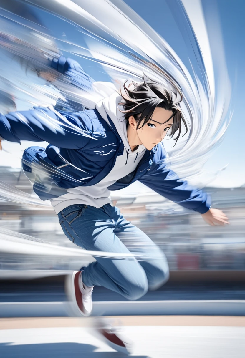  handsome young man with dark hair"Asuka" , breakdancing on ice ･high speed wind mill(( motion blur :4.5 ,  double exposure :1.2 , Afterimage effect:2.5 ,  Blurred Background)) , serious face ,  wearing a white hoodie and blue jacket jeans , 