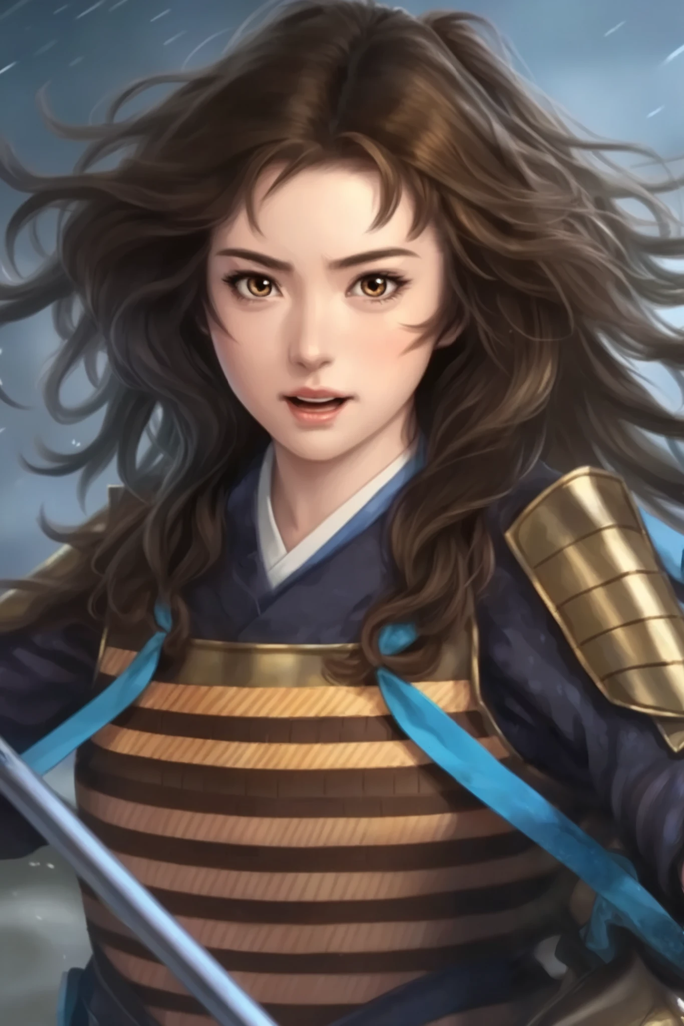   young woman、  On Board of the Storm  、   upper body only、The light in your eyes、 curly eyes  、Two-dimensional elements  、Woman wearing brown Japanese armor、excited face  、Sharp Eyesight 、 Passionate look 、  black hair、 big eyes、 High Angle、 planted 、Tie up hair、 ponytail、 blue ribbon