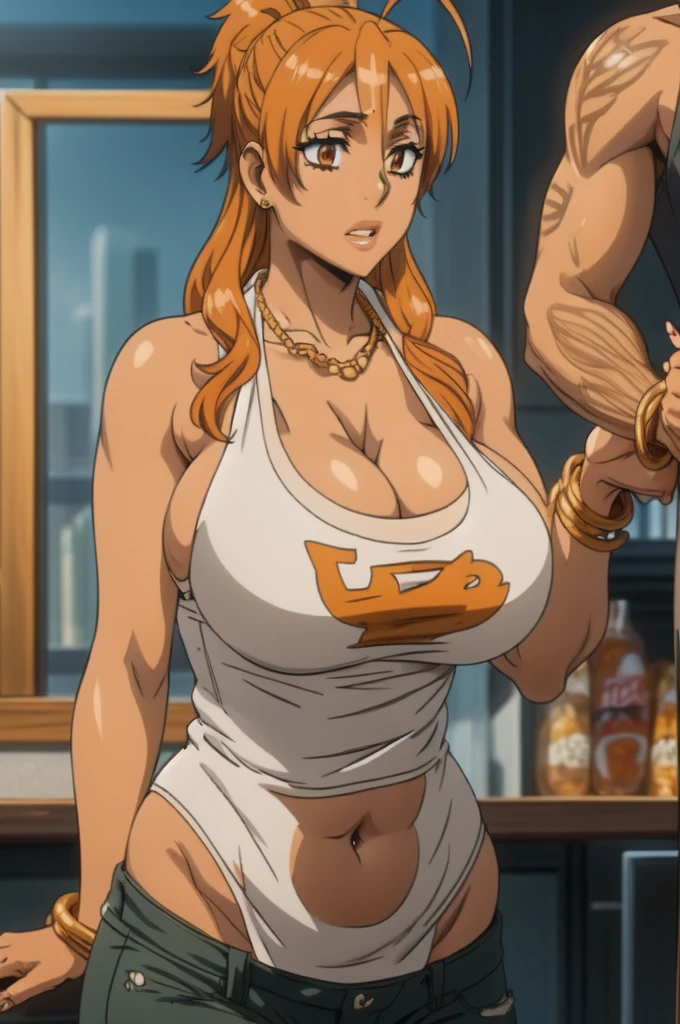 Rei miyamoto,tall body, tall, long legs, mature female, mature, adult, eft_hotd_orange, 1girl, ((solo)), orange hair, brown eyes,Big breasts, enormous large breasts, big cleavage, ((loose black tank top with cleavage and open navel)),Thin Lowrise pink pants,Thick lips,Make up,Eyeshadow,Colorless lips,big hoopa earring,Gold chain necklace,Brown Skin,1girl,Solo,Golden bracelet,curvy figure,Light blush,Plump,wavy hair,untidy apartment background