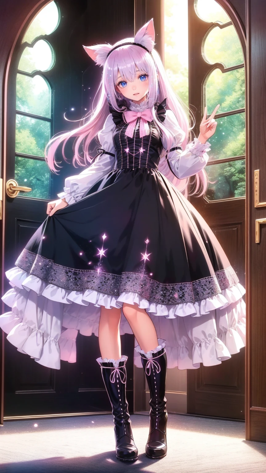    anime style 、story、、   cute女の子 、とてもcute天使、   pink gothic dress standing in front of the front door 、cute、baby face、smile、   Long Skirt 、    black boots 、Very cute headband
