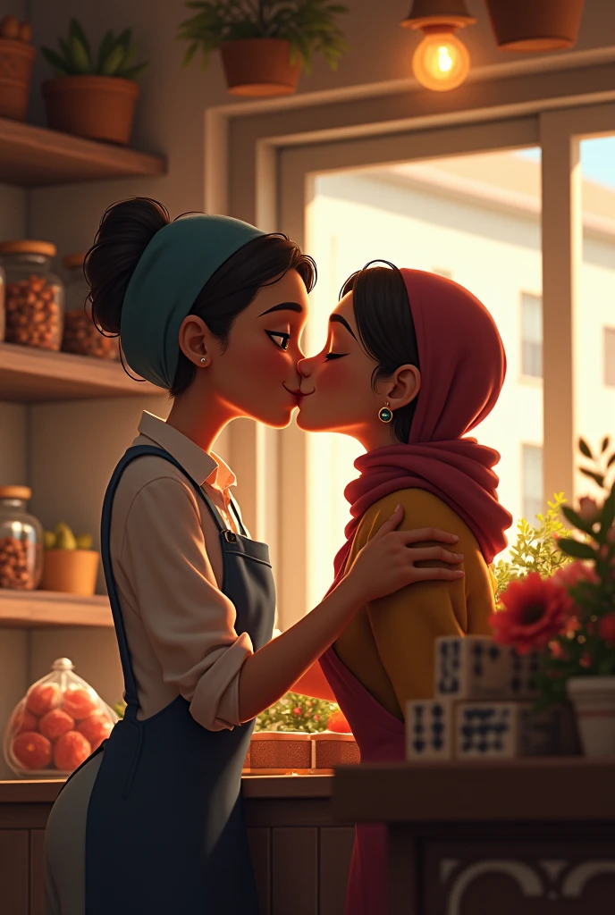 2 girls eating ice cream . One has short brown hair with blue eyes . The other one has a hijab with brown eyes .
