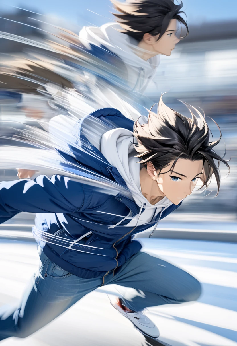  handsome young man with dark hair"Asuka" , breakdancing on ice ･high speed wind mill(( motion blur :4.5 ,  double exposure :1.2 , Afterimage effect:2.5 ,  Blurred Background)) , serious face ,  wearing a white hoodie and blue jacket jeans , 