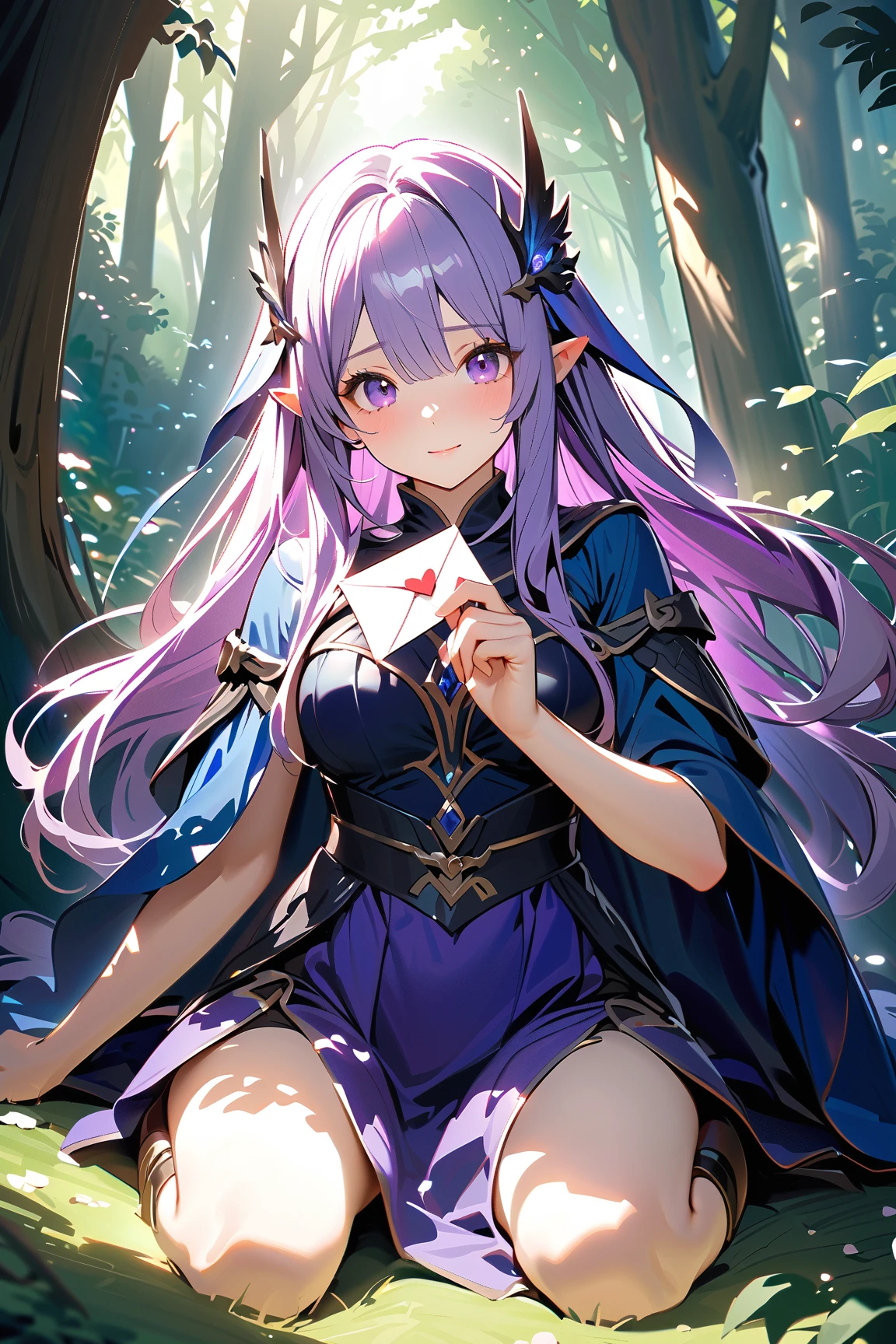 1 girl, (beautiful face), 22 years old, long hair, (nervous expression), (wearing a high fantasy mage outfit), knee length, (purple and silver), medium breasts, slim, (holding a love letter:1.2), 
BREAK 
hidden behind a tree, enchanted forest, (waiting for someone:1.4), soft petals falling, 
BREAK 
(mystical lighting, dappled sunlight, gentle shadows), romantic atmosphere, 
BREAK 
high fantasy art, game cg, absurdres, highres, ultra detailed, beautiful, (masterpiece), (best quality:1.2),