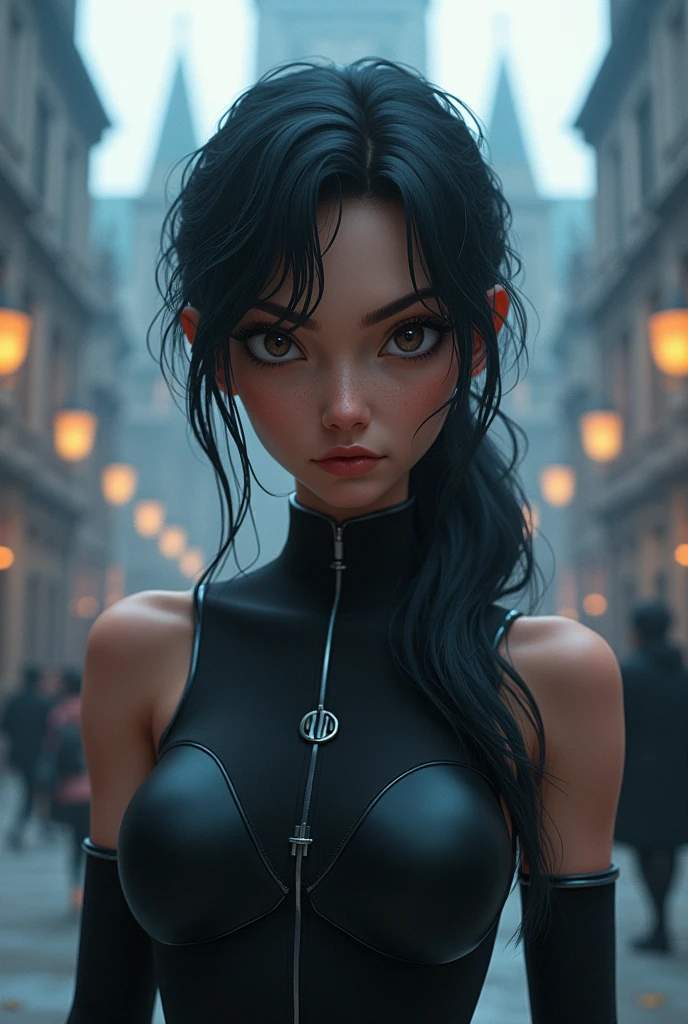 "(masterpiece, best quality, 8k, sharp focus, depth of field, best shadows, perfect lights, HDR, realistic skin texture, ultra-detailed, detailed background)", Anime style, 1 woman, (green eyes, white skin, black hair with tiwntails, choker, small breasts, slim, makeup, Eyeliner, gloss) in very lewd poses in a cyberpunk cityscape.