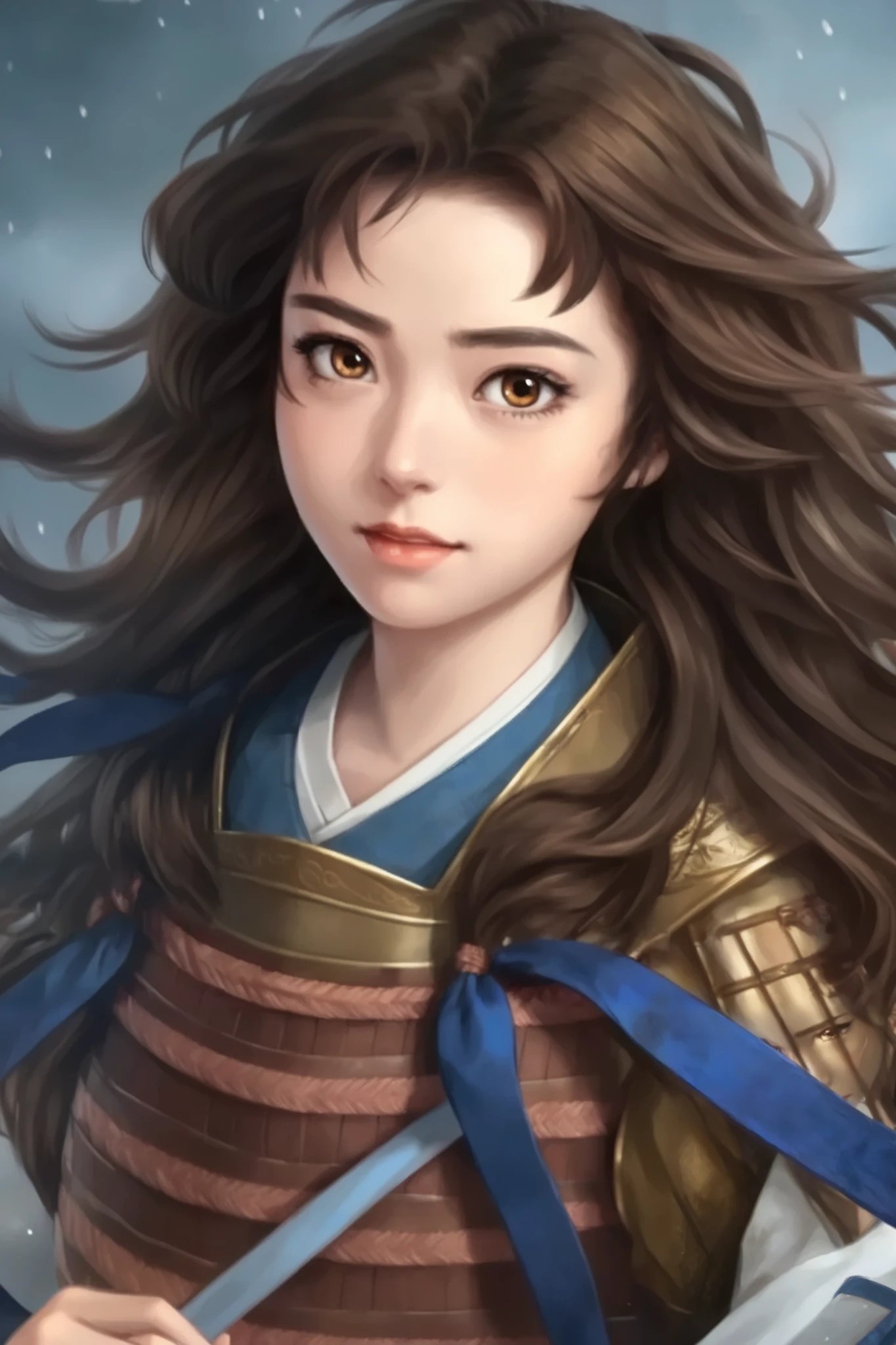   young woman、  On Board of the Storm  、   upper body only、The light in your eyes、 curly eyes  、Two-dimensional elements  、Woman wearing brown Japanese armor、excited face  、Sharp Eyesight 、 Passionate look 、  black hair、 big eyes、 High Angle、 planted 、Tie up hair、 ponytail、 blue ribbon