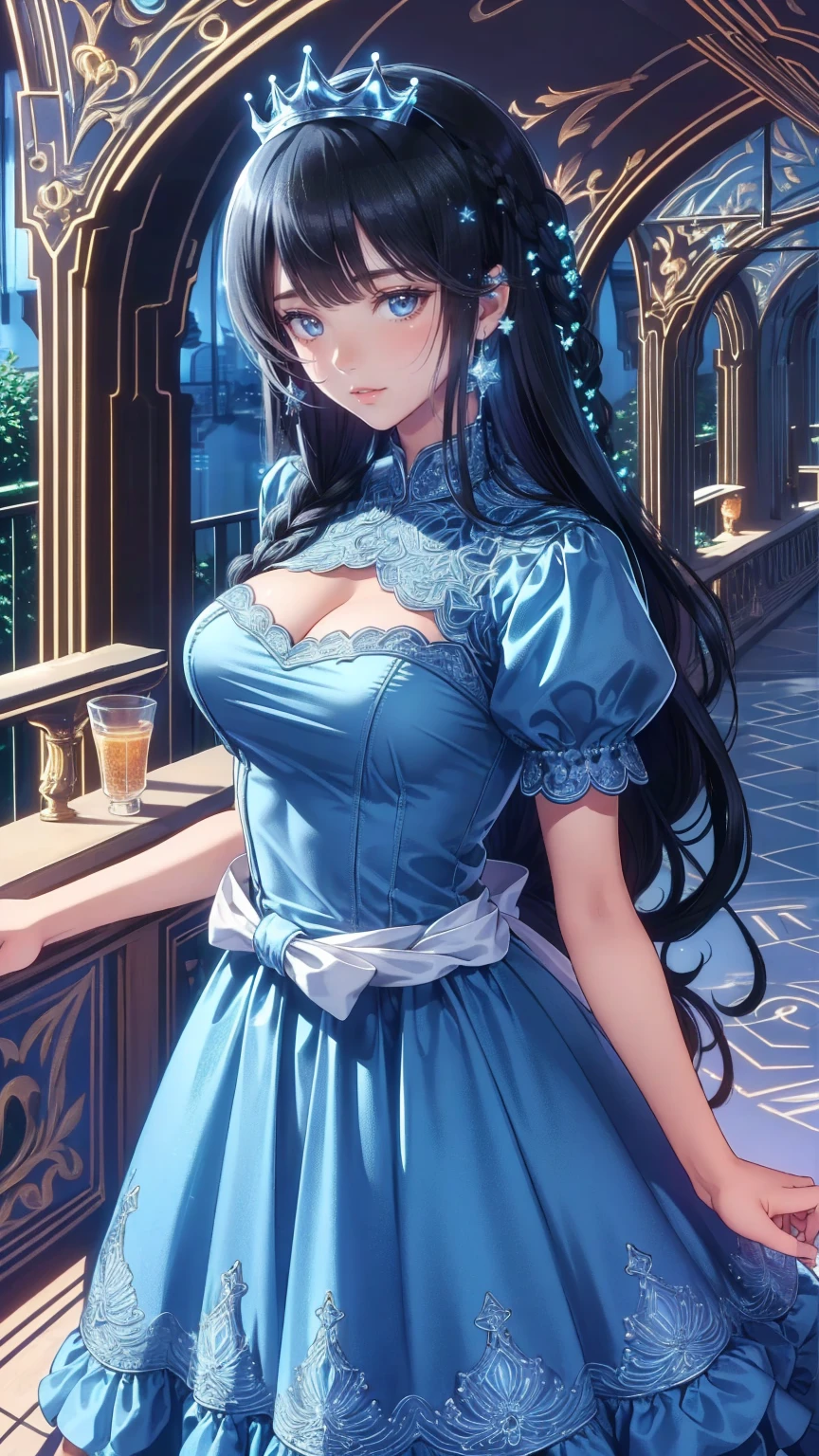  top quality,  very detailed, Anime Style Girl , Long hair down to the waist ,  straight hair , (( are dark and bluish)), braided , Beautiful Detailed Eyes ,  blinded , ( dark blue eyes),Big Breasts,Curvy,(((( cute bright colored princess dress with white main)))),Clothes with intricate patterns,  hair ornament  ,smile,((((Garden balcony)))),city,((((throw))))