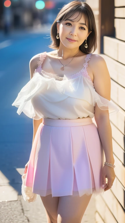 full body shot, from below,  Japanese woman with a viewing angle of, 48 years old,  detailed face , Facial wrinkles, Wrinkles around the eyes, smile,  Detailed Skin Textures ,  white skin,  heavy makeup ,  long hair , curvy body, (earrings,  necklace,  white blouse with ruffles:1.2), (pink tulle skirt, mini skirt:1.3), ( wears high heels:1.2), ( standing on the seaside ,  full body shot from toe to head wearing black high heels:1.2), (surrealism, best quality, ultra detailed, absolutely resolution, 8k, anatomically correct), depth of field, looking at viewer, tachi-e, (kz), full body,  detailed face  