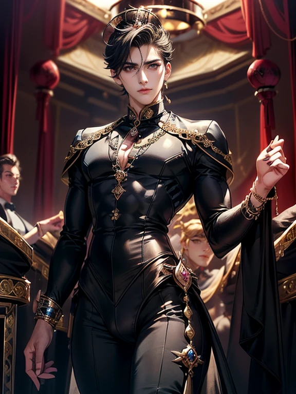 (masterpiece,best quality,ultra_detailed,highres,absurdres), (detailed shadow), (quality light),1 (mature idol male:2.0) (with bulge:1.4), (slanty_eyes), 30-ish, (muscleale focus, solo), short black Quiff hair with Soft Fringe (bangs part on side 3:7 ratio), blue eyes (detailed eyes), androgynous young beautiful pretty cute elegant broodmother_queen boy in (jeweled_velvet_ornamented_broodmother_queen boy outfit:1.9) (skintight bodysuit, bodystocking:1.4) is (standing inside dark_underground_breeding_room:1.8), (eyelashes), (thigh_gap), (feminine_girly_sexy_seductive_womanly_milf_femboy), (muscular:1.3), (slim_slender_thin_svelte_lissom), (athletic:1.9) (muscular:1.9), (pectorals), (wide_chest, wide_shoulders), (narrow_waist:1.9), (thick_thighs), (wide_hips, wide_pelvis), (warm_smile:1.4), (arched_back), short hair, looking at viewer, parted lips, ((PERFECT_FACE)), ((finely_detailed_beautiful_eyes_and_detailed_face)), (best_illumination, best_shadow, an_extremely_delicate_and_beautiful)