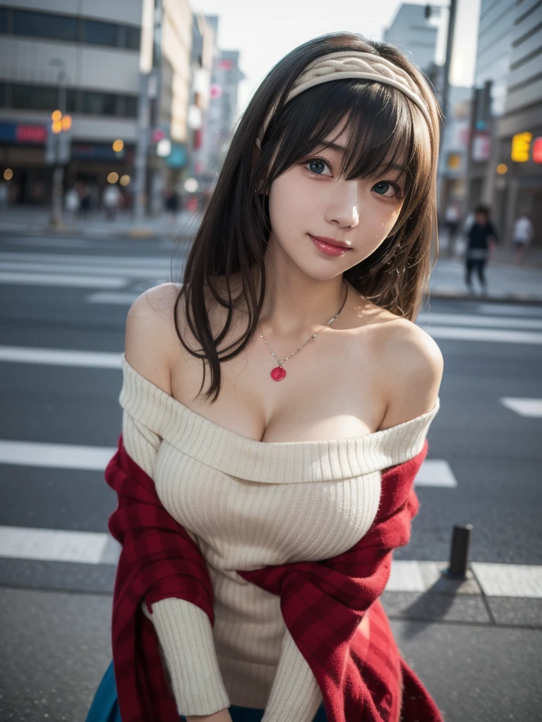 1girl, solo, (cute Japanese girl), teenager, Slender Body, (huge Breasts, pointy breasts:1.5), Low Height, smile, Looking at camera, 
break
upper body, ((sexy dance, Seductive pose)), dynamic pose, dynamic angle,
break,
Professional photo-realistic images, (8k, RAW photo, best quality, masterpiece:1.2), (realistic, photo-realistic:1.4), (extremely detailed 8k wallpaper), sharp focus, depth of field, blur background, bokeh, cinematic lighting, soft light,
break
bbfumika, idolmaster, long hair, hairband, collarbone, necklace, cleavage, off-shoulder sweater, white sweater, red shawl, blue skirt,
break
outdoor, tokyo, shibuya, street,
break
