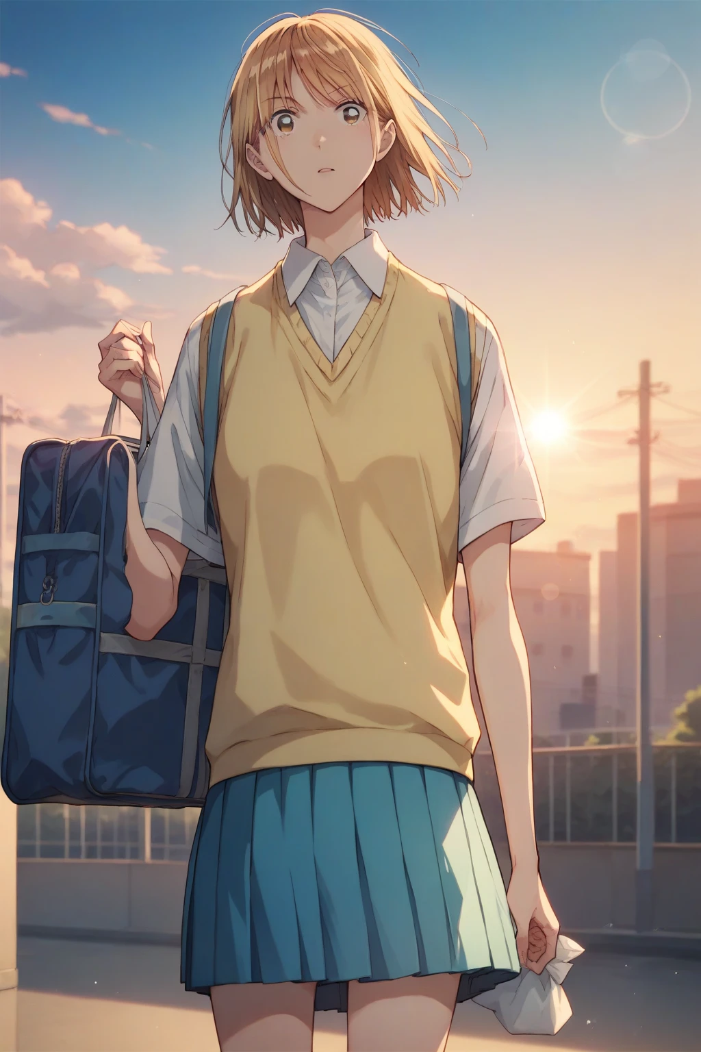 score_9,score_8_up,score_7_up,score_6_up BREAK source_anime,masterpiece,best quality,ultra detailed,
1girl,solo,ChinatsuKano,
school uniform,yellow sweater vest,white shirt,collared shirt,short sleeves,blue skirt,pleated skirt,
cowboy shot,school bag,white bag,holding bag,
outdoors,crossing,power_lines,dusk,dust cloud,blue sky,sunset,lens flare,