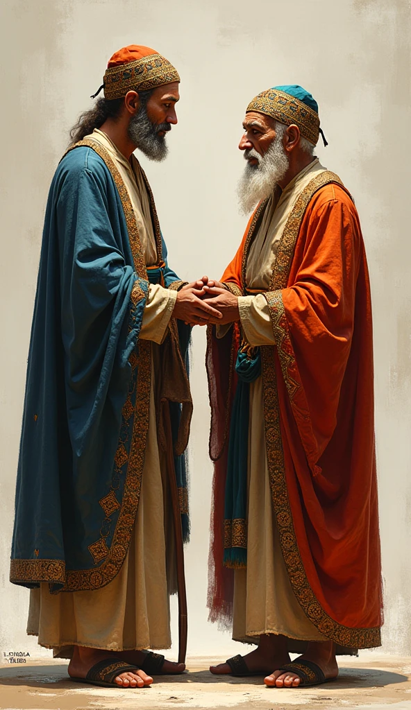 A young man dressed in fine, colorful ancient jewish  clothing stand infront of his father , a solemn older man."