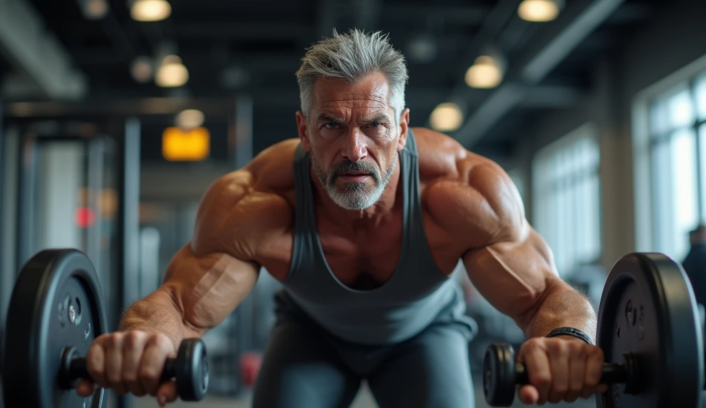 Create an 8k image of sexy 80-year-old men working out in the gym