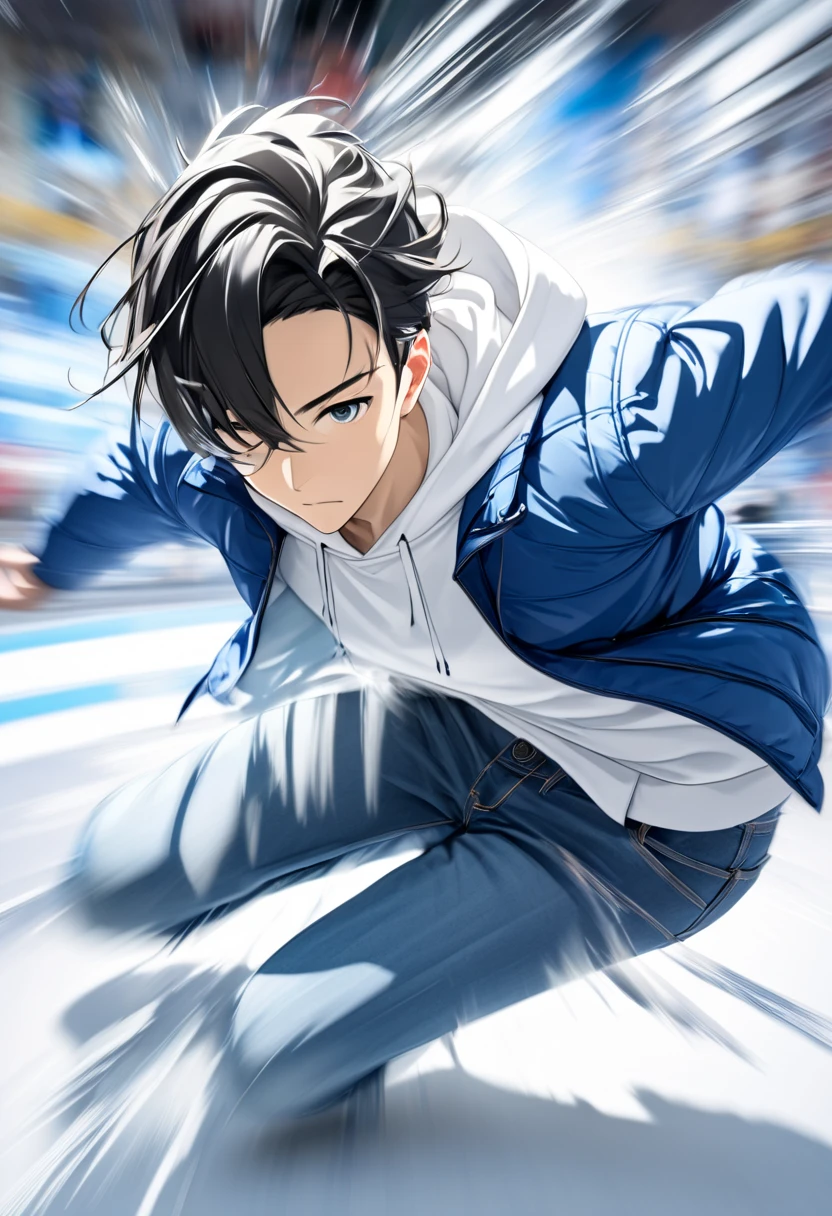  handsome young man with dark hair"Asuka" , breakdancing on ice ･Handstand Fast Spin (( motion blur :4.5 ,  double exposure :1.2 , Afterimage effect:2.5 ,  Blurred Background)) , serious face ,  wearing a white hoodie and blue jacket in jeans , 