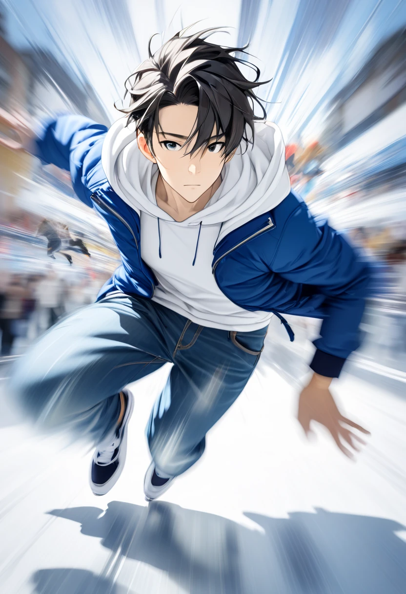  handsome young man with dark hair"Asuka" , breakdancing on ice ･Handstand Fast Spin (( motion blur :4.5 ,  double exposure :1.2 , Afterimage effect:2.5 ,  Blurred Background)) , serious face ,  wearing a white hoodie and blue jacket in jeans , 