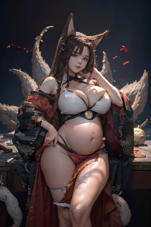 Akagi (Azur Lane), foxgirl, kitsune, 9 tail, fox ears, long hair, brown hair, red eyes, makeup on eyes, off shoulder, kimono, red half brown kimono, huge breast, plump, huge pregnant belly, belly exposed, big round belly, deep navel, red skirt, flower clips, red skirt, magatama sash, standing, simple background