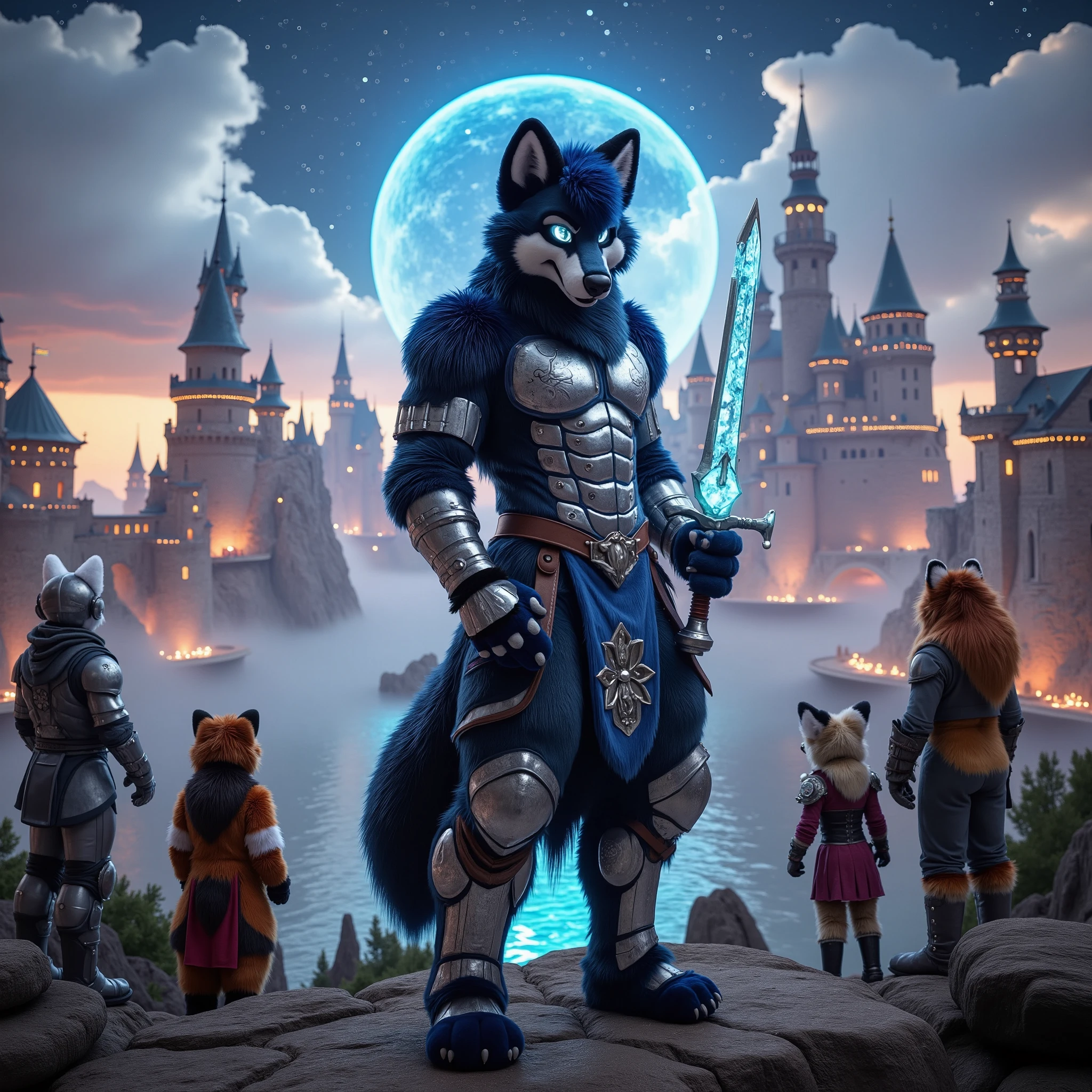 "Anthropomorphic wolf male, muscular and adult, with deep midnight-blue fur and glowing silver eyes that convey both wisdom and power. His attire is a blend of high-tech armor and medieval fantasy, with sleek, futuristic patterns interwoven with elements of classic knightly gear. His chest is protected by a glowing armor plate with intricate designs, while his gauntlets and boots have a futuristic touch, adorned with metallic elements that shine under the ambient light. In his hand, he wields a massive sword, forged from a rare, radiant crystal that pulses with energy.  

Background: The wolf knight stands in the middle of a sprawling, fantasy-inspired digital world—a blend of steampunk and ancient magic. The backdrop features towering castles with floating platforms, intertwined with data streams and glowing portals. The sky above is split between vibrant digital clouds and ancient, celestial constellations, reminiscent of the world of *Final Fantasy IV*. At the foot of the knight, his friends—an armored fox mage and a powerful lion warrior—stand ready for battle, prepared to face the dangers of this realm together.  

Style: hyperrealistic 3D, cinematic realism, ultra-detailed, rendered in Ultra HD 8K. The knight’s muscular physique is depicted in intricate detail, with glowing armor plates reflecting the ambient light. The background is a breathtaking fusion of medieval fantasy and digital landscapes, with expansive castles, floating islands, and luminous pathways that seem to stretch into infinity. The sword in his hand glows with an otherworldly aura, and the atmosphere evokes the sense of an epic RPG adventure, with an immersive, high-stakes atmosphere inspired by *Final Fantasy IV*."